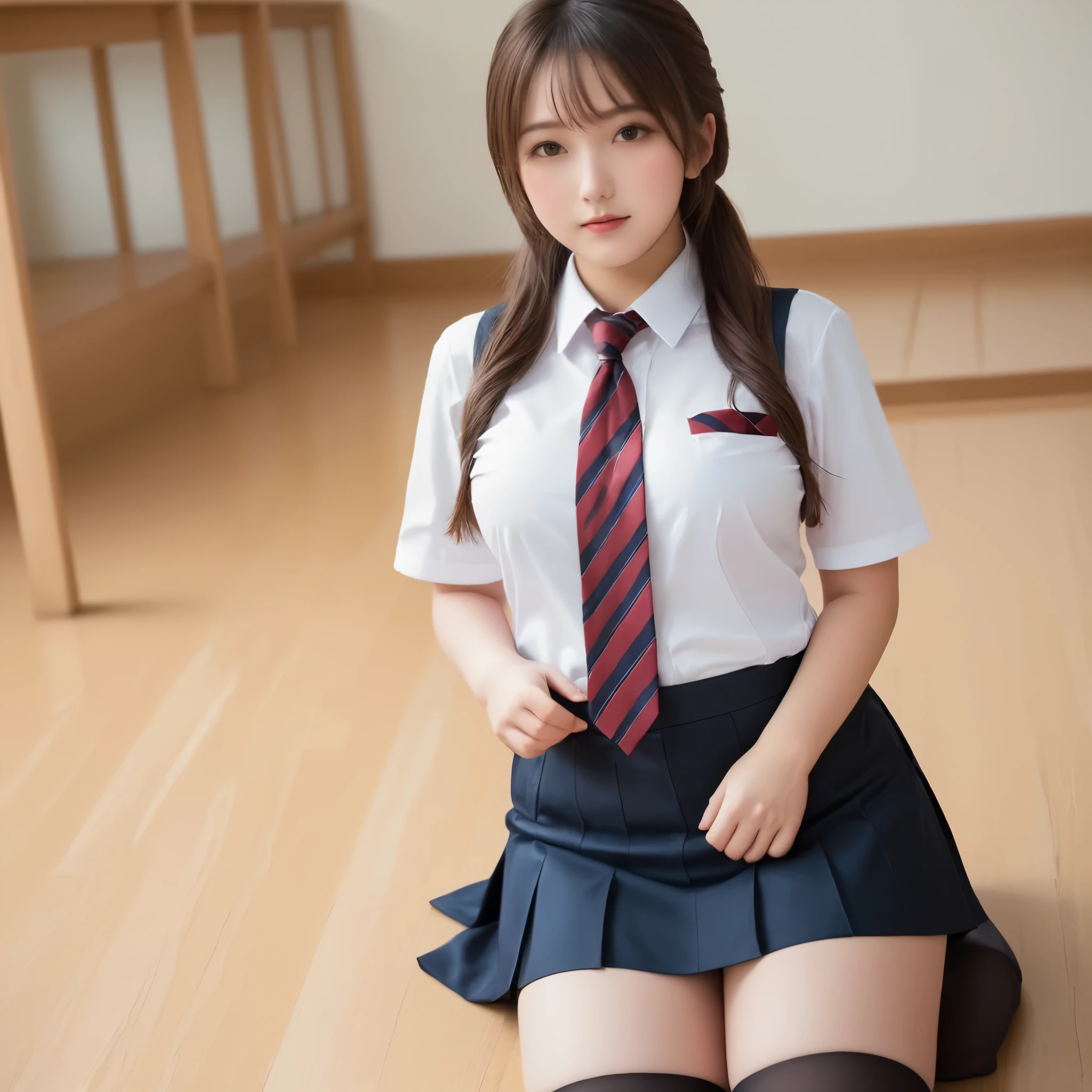 shapely, school uniform lying on floor, chubby, fat, raise their sleeves, stripe tie, (invisible, no humans, headless, faceless:1.5), cute big breasts