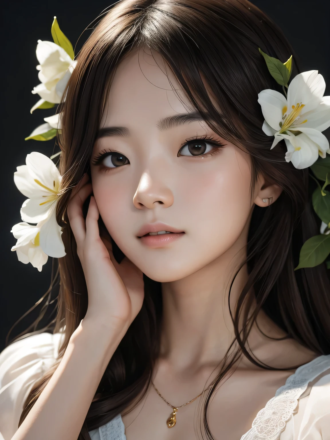 girl with her hands on her face, surrounded by flowers, flowers covering eyes, with flowers, flowers on heir's cheeks, by Ayami Kojima, by Caravaggio Michelangelo Merisi, Gamma, Electromagnetic Spectrum, Lumen Global Illumination Portrait Japanese girl, (very dreamy), romantic, hyper quality, hyper-detailed, super-resolution, hyperrealism, masterpiece, 8k