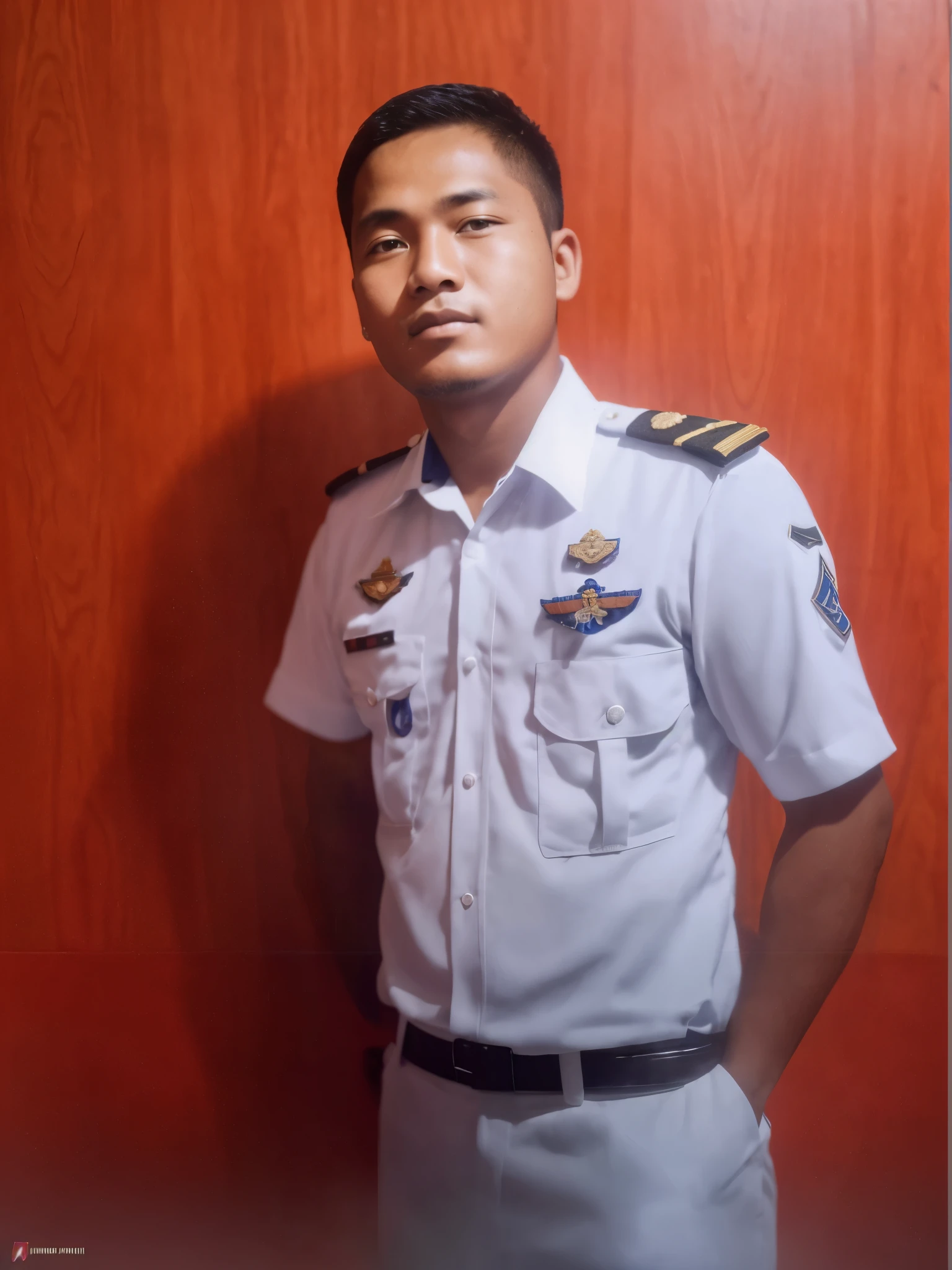 Photo detail, focus, sharp, a male, wearing Indonesian maritime academy uniform, photo restoration, clear the photo.