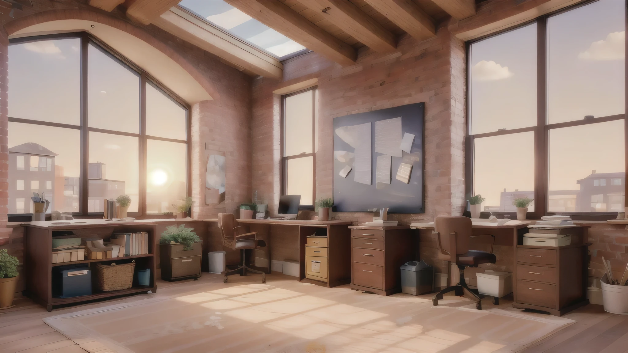 masterpiece, best quality, home office, big windows, sun light, light leaks, golden hour, brick wall, loft home, creative home
