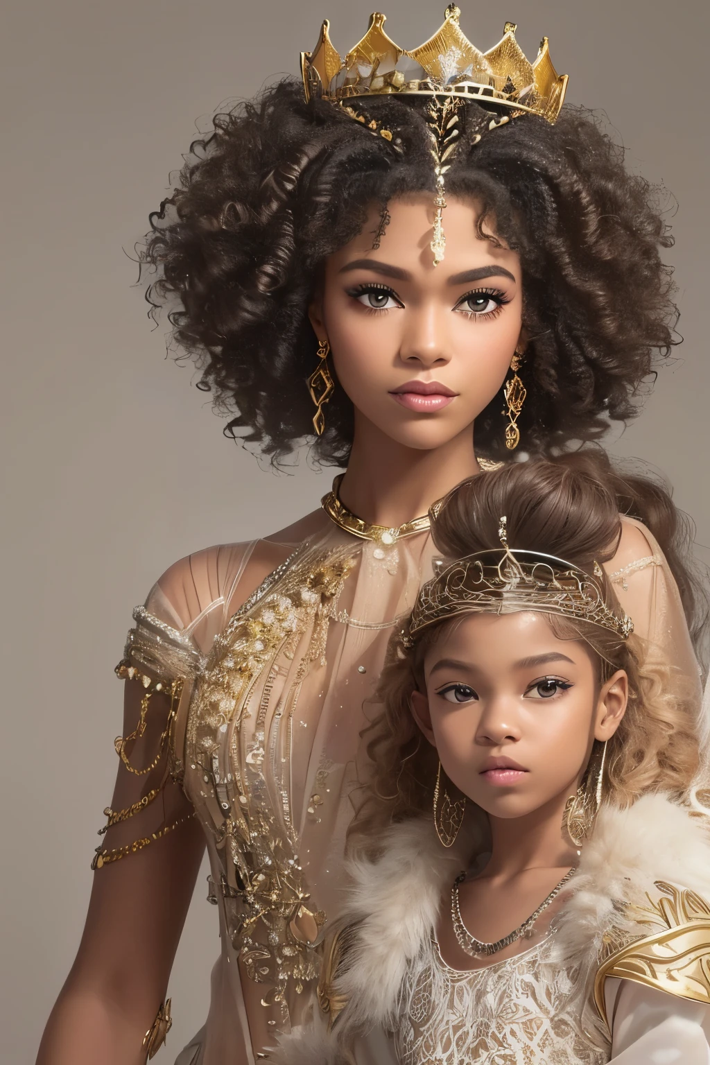 black queen with daughter, queen like Zendaya, zendaya adulte with daughter, curly hair, African queen with long curly hair, daughter has blond curly hair, cute hairstyle, luxury dress, queen crowned, princess crowned
