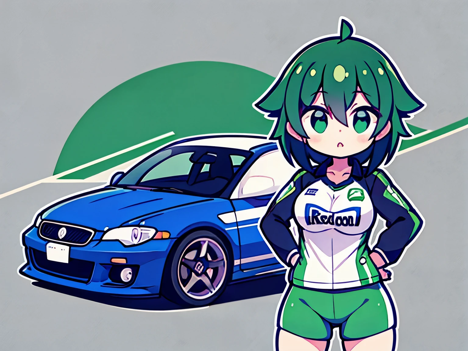 Logo of a girl with short green black hair from a car customization company called Infortunio wearing racing clothes