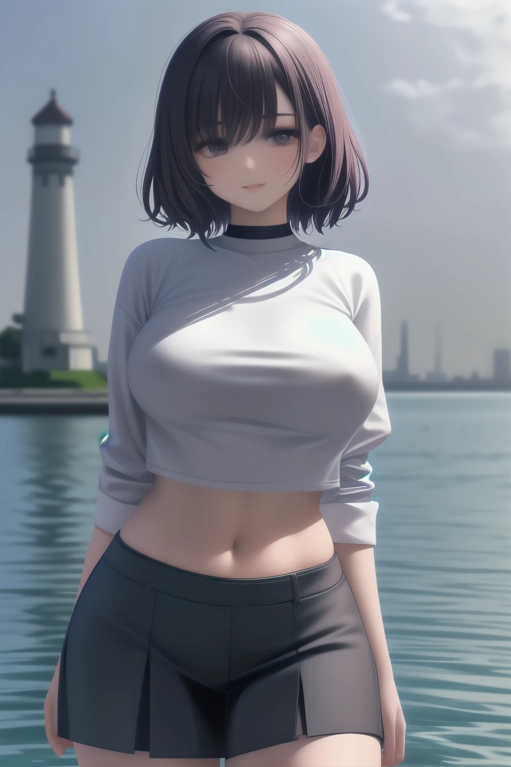 (A captivating beauty in a miniskirt)、(poses seductively)、(with a lighthouse as the backdrop)、(Big-breasted woman wearing a crop shirt) This enchanting image features a woman in a miniskirt who exudes confidence as she poses seductively against the backdrop of a towering lighthouse. The big-breasted beauty dons a crop shirt that leaves little to the imagination, accentuating her curvaceous figure. The lighthouse stands proudly in the background, casting an ethereal glow over the scene, while the woman's radiant smile captivates the viewer's attentio