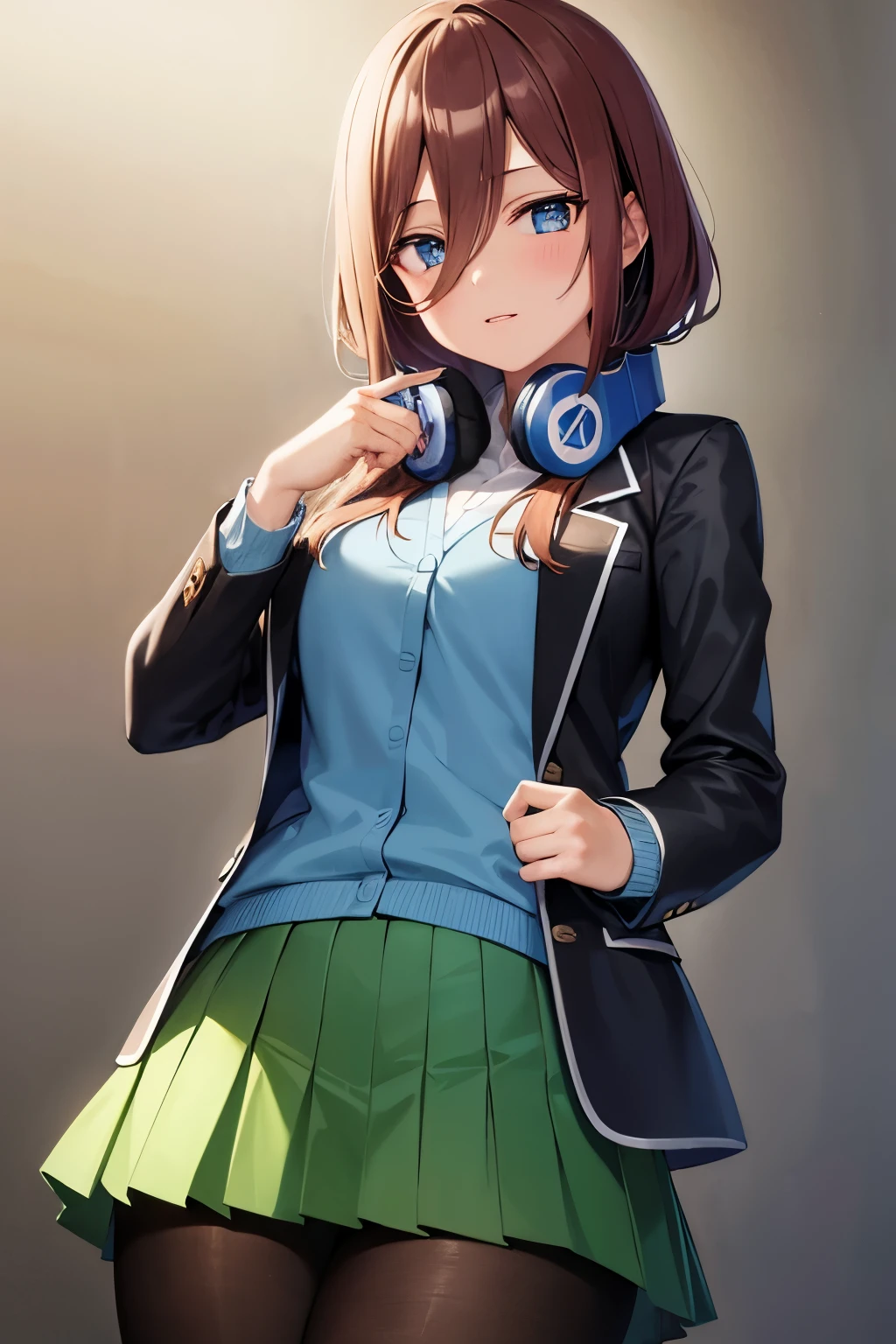 masterpiece, best quality, highres, nm1, headphones around neck, school uniform, long sleeves, blue cardigan, green skirt, pantyhose, black jacket, open jacket, cowboy shot, standing,