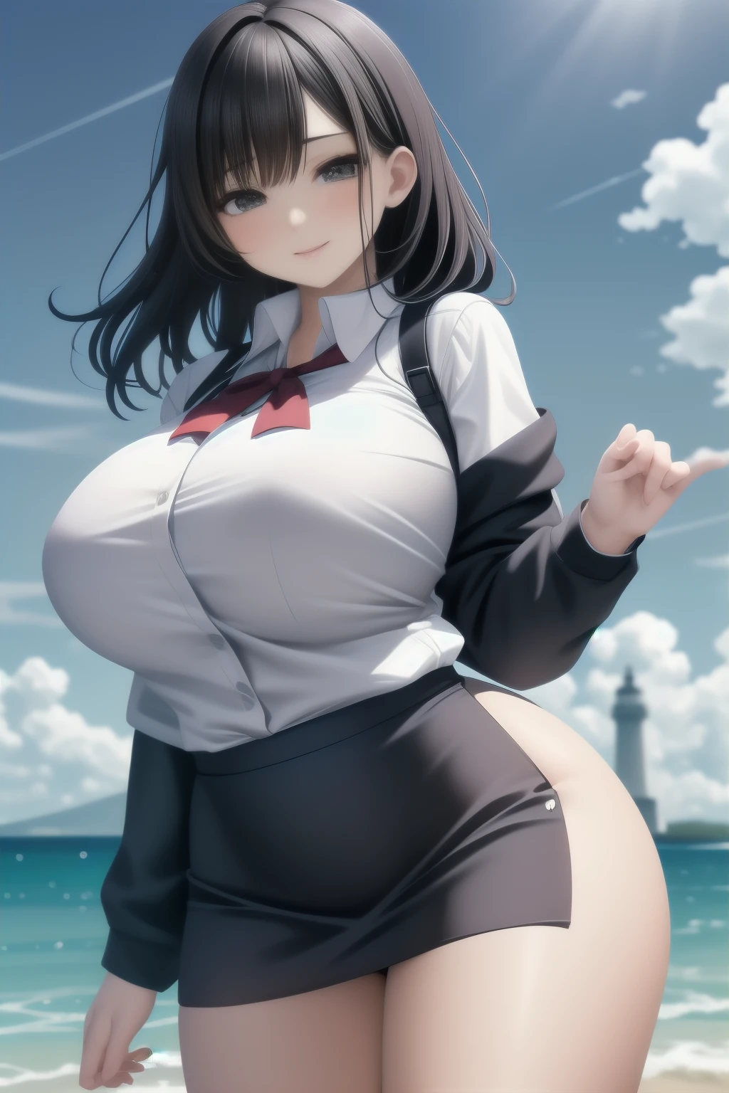 (A captivating beauty in a miniskirt)、(poses seductively)、(with a lighthouse as the backdrop)、(Big-ed woman wearing a crop shirt) This enchanting image features a woman in a miniskirt who exudes confidence as she poses seductively against the backdrop of a towering lighthouse. The big-breastuty dons a crop shirt that leaves little to the imagination, accentuating her curvaceous figure. The lighthouse stands proudly in the background, casting an ethereal glow over the scene, while the woman's radiant smile captivates the viewer's attentio