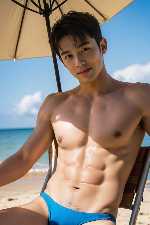 (Two men), (head shot), (Face only), Two American handsome muscular men in their 20s、Sitting on a beach chair by the sea with a rainbow color parasol, they are wearing string thong , mischievous smile, (small details: 1 in 1), natural muscles, hig quality, beautiful eye, (detailed face and eyes), (Face、: 1 / 2), noise, real pictures、... .....PSD, Sharp focus, High resolution 8K, Real & Professional Photography, 8k UHD, Soft lighting, High Quality, Film Grain, Fujifilm XT3 , y , ero, puffy nipp