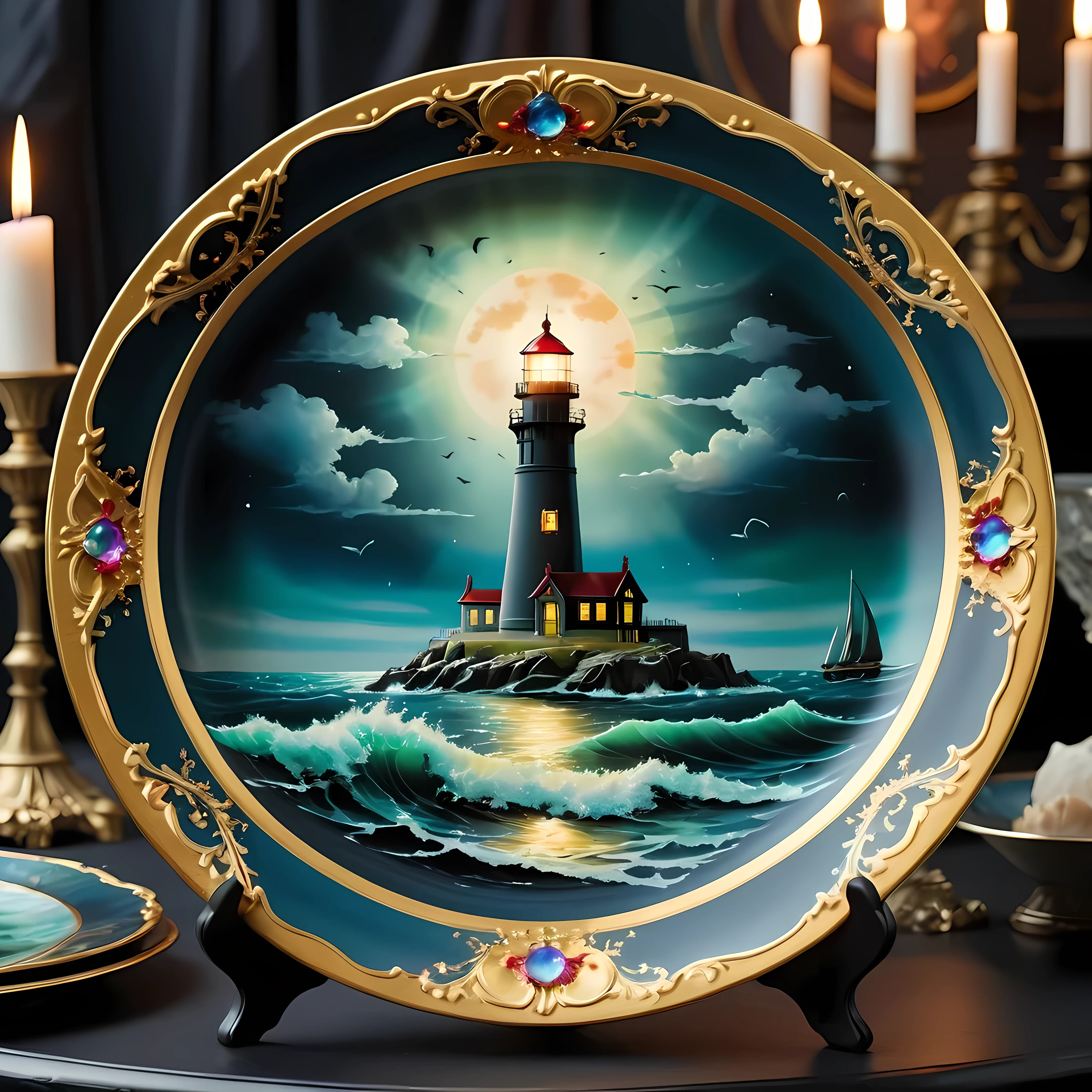 Masterpiece in maximum 16K resolution, superb quality, close up of an elegant plate with an image of an eerie marine scene with an otherworldly lighthouse, vintage look, the plate iade of finest crystals) and positioned on an empty black table with gothic patters, colorful. | ((More_Detail))
