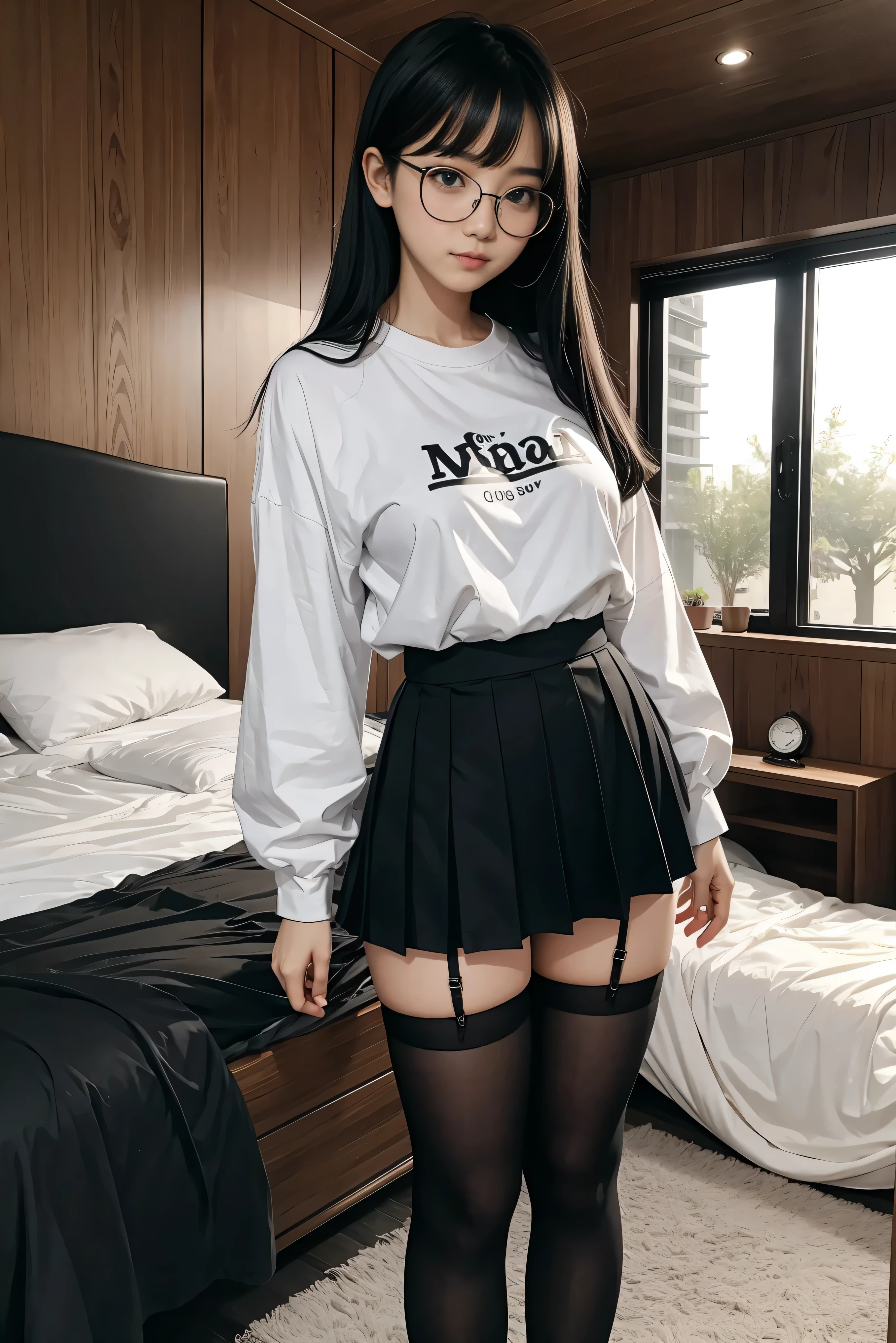 a 18 year old girl, Sitting at a desk in a convenience store, Bokeh, Perfect Figure, (((Hand-lifted skirt,Black panties, I can see the panties))), ((My eyes crossed, captivating)), Short T-shirt, slim tummy, (pink mini skirt),(Spread your legs)