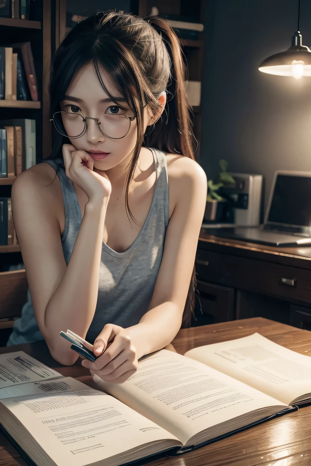 masterpiece, best quality, ultra detailed, cinematic lighting, 1 girl, researcher, long dark hair tied in a messy ponytail, beautiful face, beautiful eyes, wearing gold rimmed glasses, (working on a computer), wearing a loose tank top, tight ripped denim shorts, in a small room, (books and papers strewn on table), (doing research), bookshelves on the wall, beakers and test tubes on table