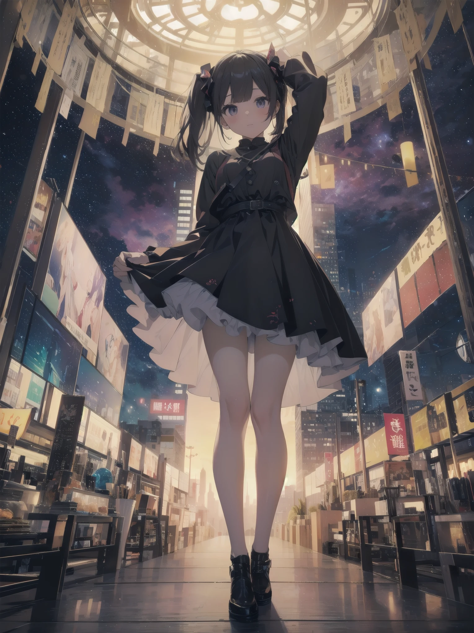 Artistic AI Art Galaxy(masterpiece:1.2, best quality),clear。lift up the skirt、cute girl、The night view of the big city outside the window、artistic shadow、I can&#39;t believe it but it&#39;s so ridiculously cute
