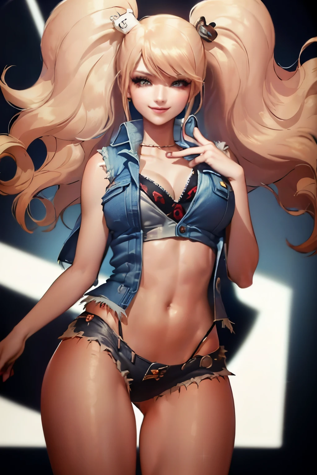 (master masterpiece：1.4，best best quality),(Enormous breasts),(The denim vest does not wear a bra to expose the internal test :1.pose the navel),(short denim skirt), forest, crop top smile, blonde hair, wide 