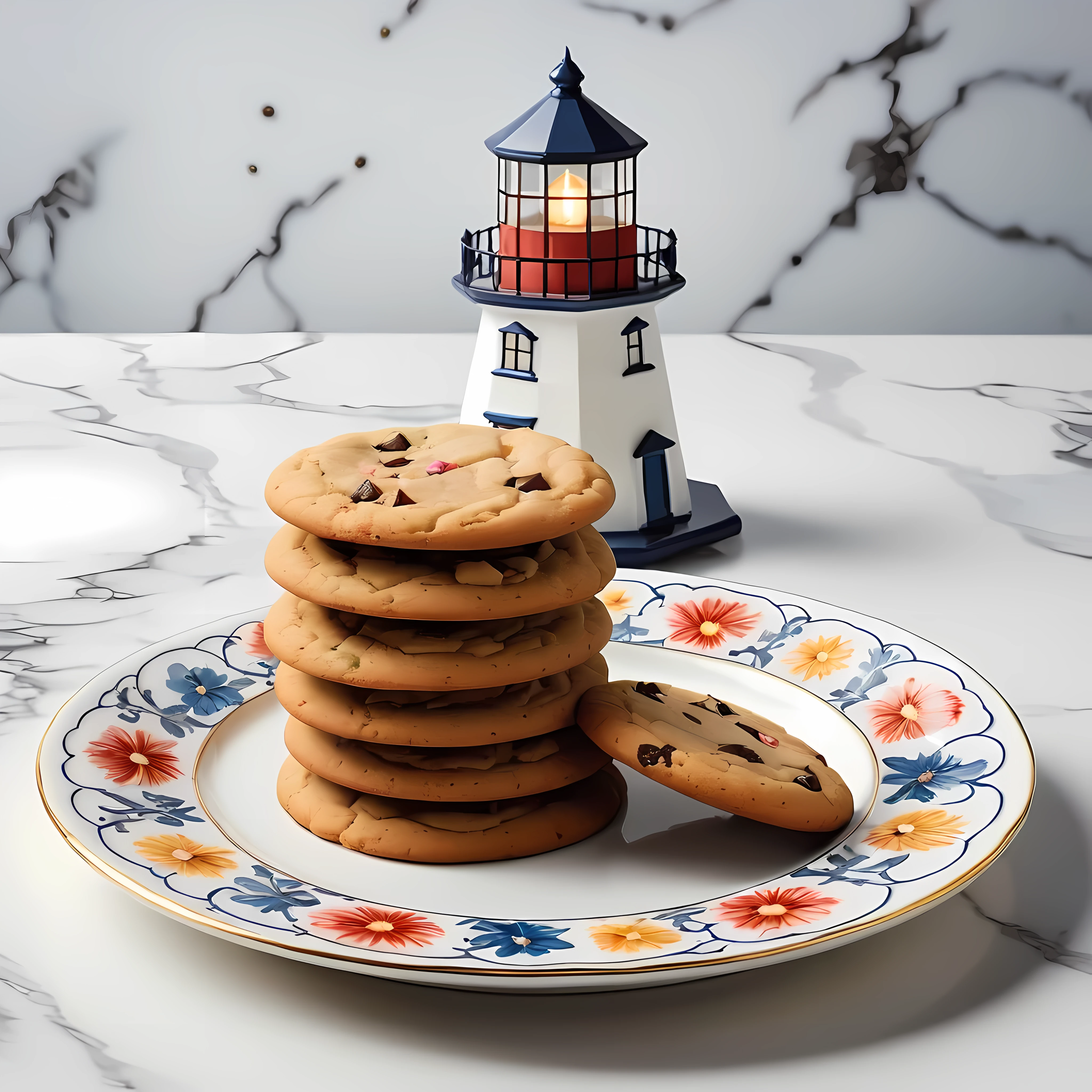 Masterpiece in maximum 16K resolution, superb quality, close up of an elegant plate with a (((cookie with a printed lighthouse))), the cookie has playful design with floral accents, the plate is made of finest porcelain and positioned on an empty white table with gothic patterns, delicate. | ((More_Detail))
