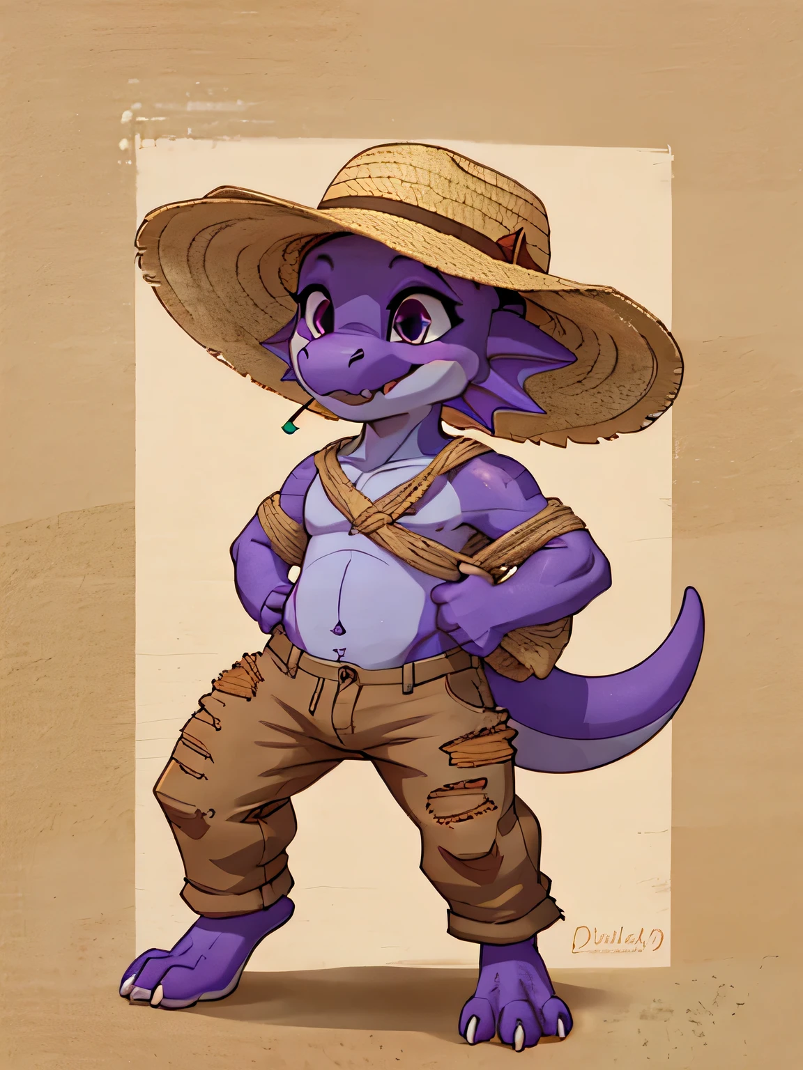 a cute purple kobold wearing a straw hat and a pair of ripped burlap pants