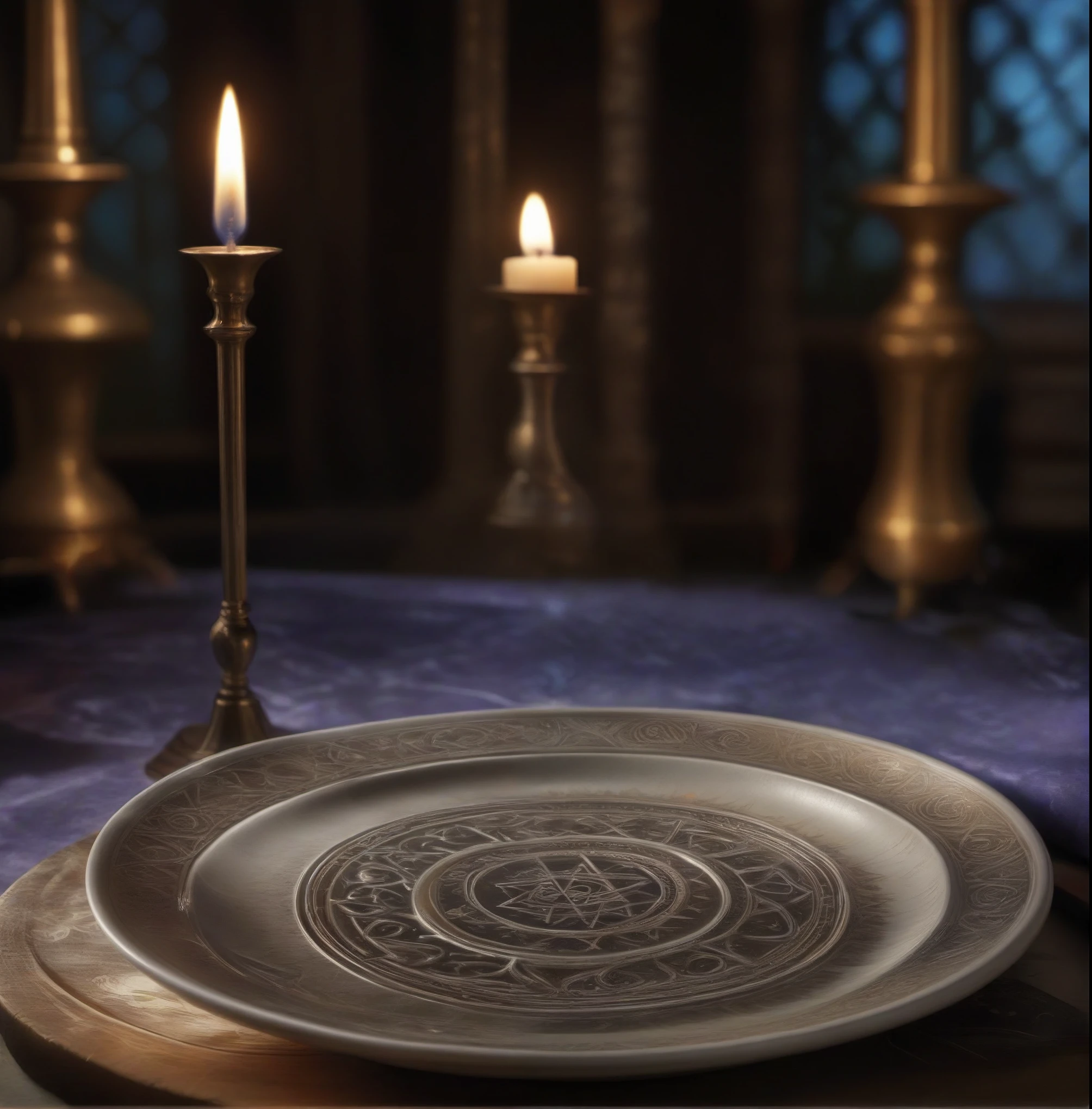 A plate with a pattern on it is placed on the table., Spell casting, Home Wicca Scene, Spell casting wizard, cast a protection spell, Emitting superpowers, magic laboratory setting, A gorgeous overturned holy grail, More on complex Wiccan scenes, altar of sacrifice, black magic spells, Mystical feeling, mysterious setting, Sorcerer's Room, devil&#39;s magic ritual