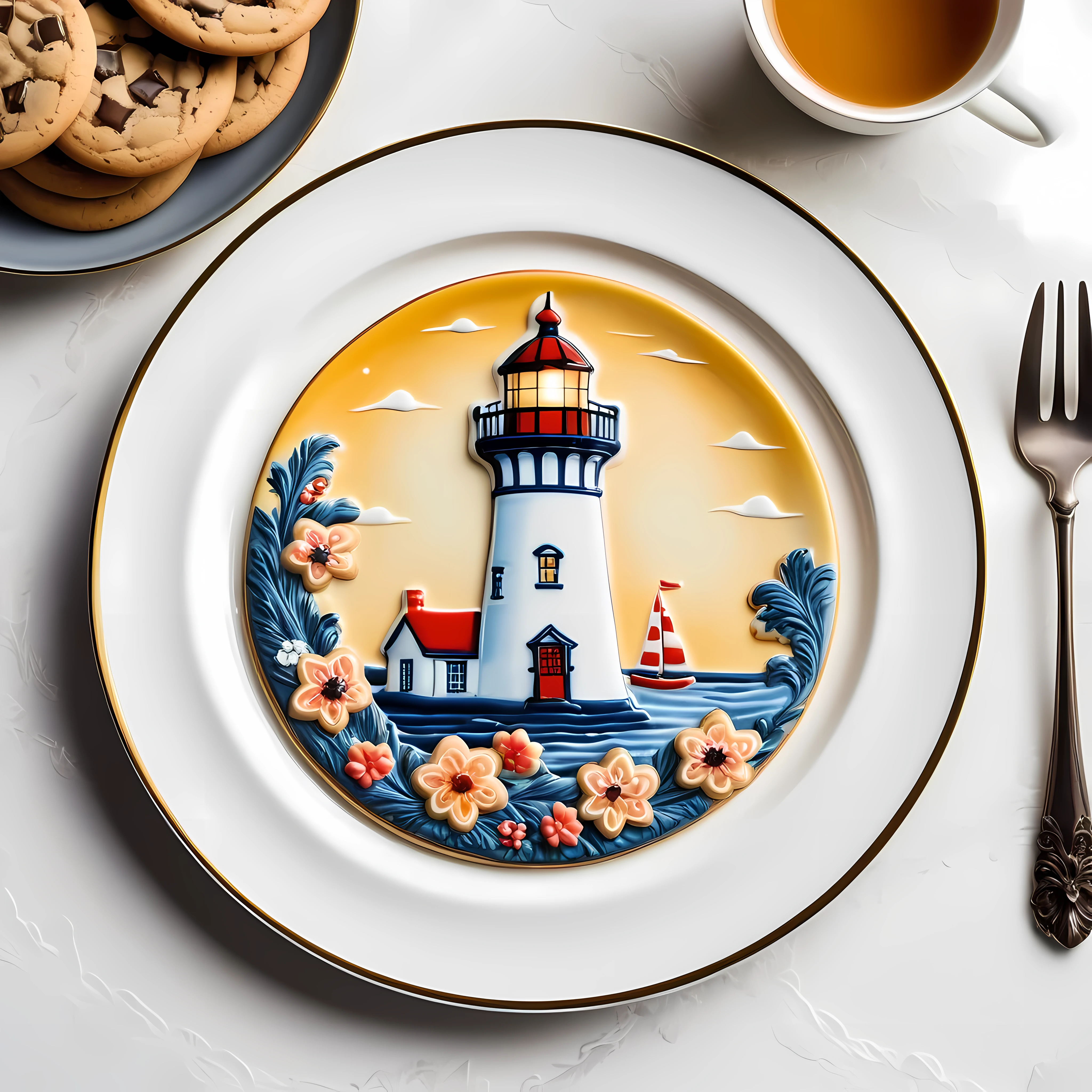 Masterpiece in maximum 16K resolution, superb quality, close up of an elegant plate with a (((cookie with a printed lighthouse))), the cookie has playful design with floral accents, the plate is made of finest porcelain and positioned on an empty white table with gothic patterns, delicate. | ((More_Detail))