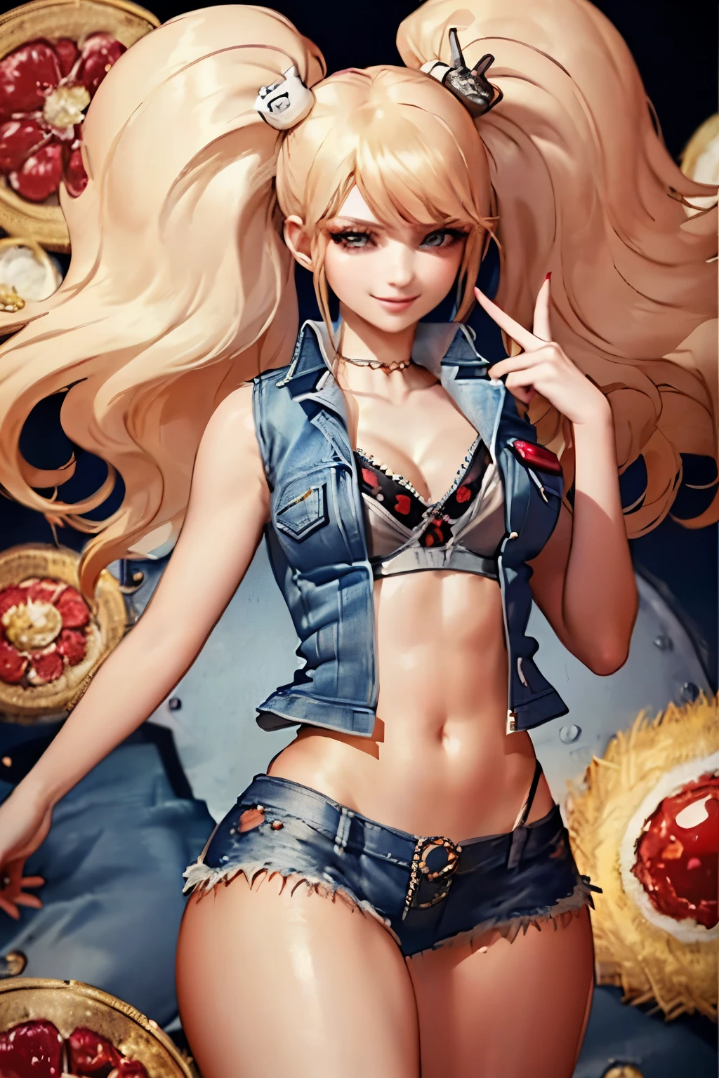 (master masterpiece：1.4，best best quality),(Enormous breasts),(The denim vest does not wear a bra to expose the internal test breasts:1.5),(Expose the navel),(short denim skirt), forest, crop top smile, blonde hair, wide hips