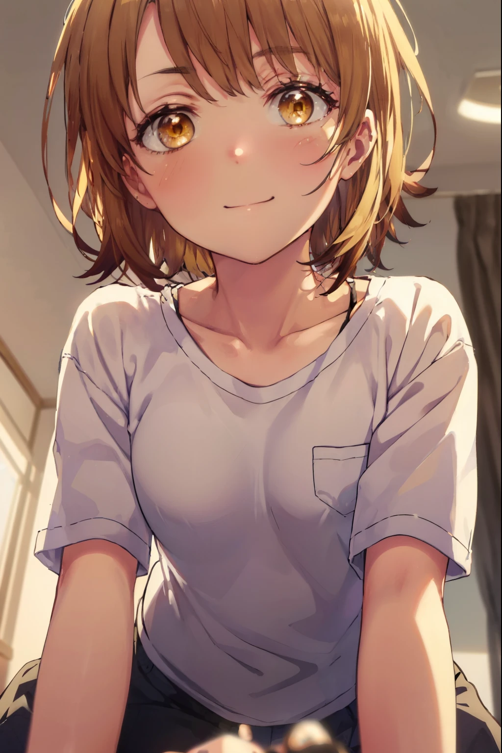 irohaisshiki, iroha isshiki, short hair, brown hair, (brown eyes:1.5), smile,looking at the viewer, heart-shaped eyes,  blush，show viewer, from below, concentrated, Beyond the particles of light, ラブホテルのBedroom, white t-shirt,black string underwear，Medium chest，crawl on all fours,morning日,morning,sunrise,
break indoors, Bedroom,
break looking at viewer,
break (masterpiece:1.2), highest quality, High resolution, unity 8k wallpaper, (figure:0.8), (detailed and beautiful eyes:1.6), highly detailed face, perfect lighting, Very detailed CG, (perfect hands, perfect anatomy),