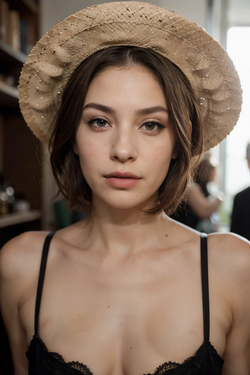 androgynous person,corpulenta, vestida. Con pelo corto, asymmetric, ojos verdes rasgados, scar on left cheekbone, nariz grande y pronunciada, labios finos, boca ancha, tez color aceituna, con sombrero de copa