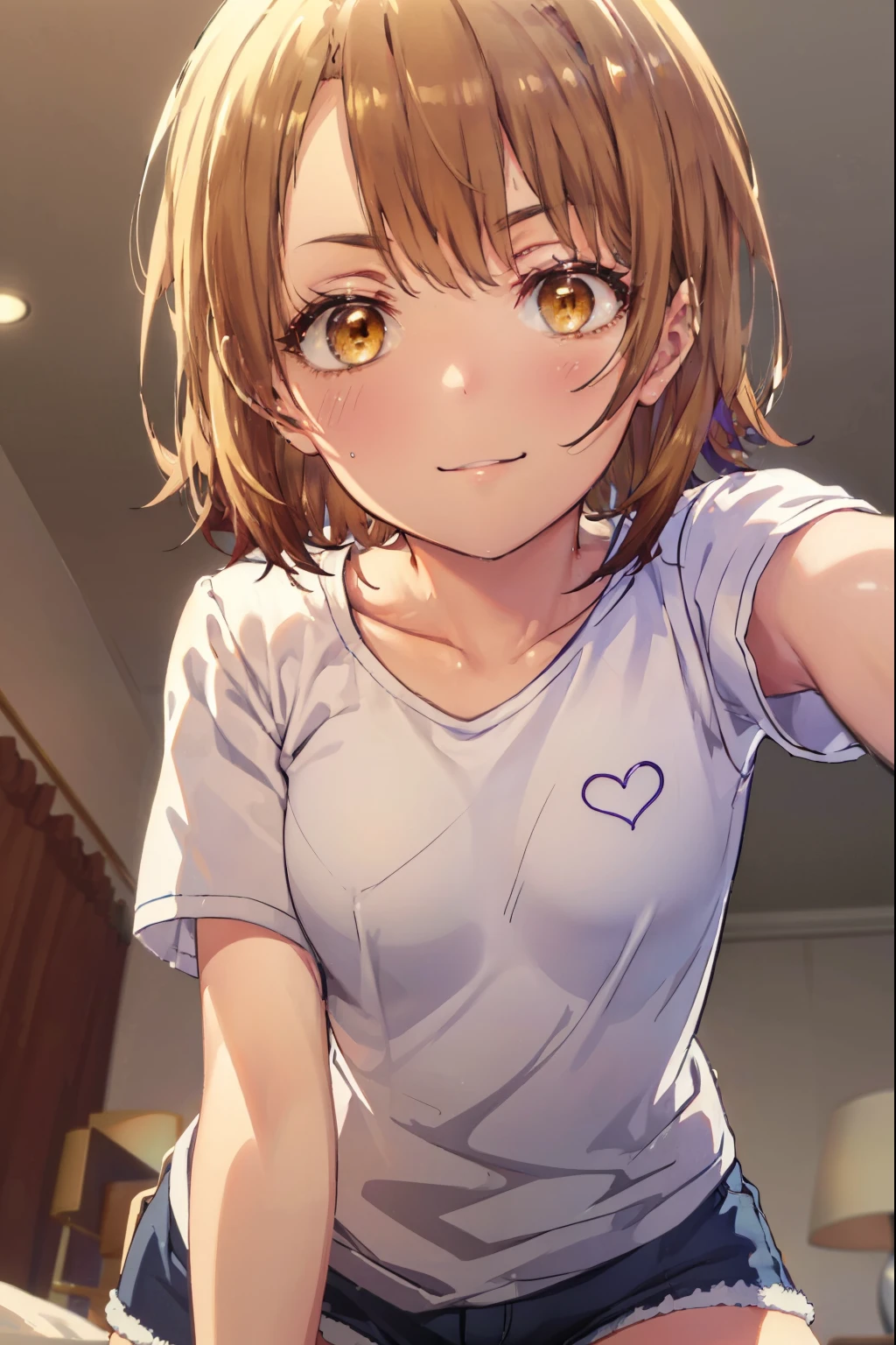 irohaisshiki, iroha isshiki, short hair, brown hair, (brown eyes:1.5), smile,looking at the viewer, heart-shaped eyes,  blush，show viewer, from below, concentrated, Beyond the particles of light, ラブホテルのBedroom, white t-shirt,black string underwear，Medium chest，crawl on all fours,morning日,morning,sunrise,
break indoors, Bedroom,
break looking at viewer,
break (masterpiece:1.2), highest quality, High resolution, unity 8k wallpaper, (figure:0.8), (detailed and beautiful eyes:1.6), highly detailed face, perfect lighting, Very detailed CG, (perfect hands, perfect anatomy),