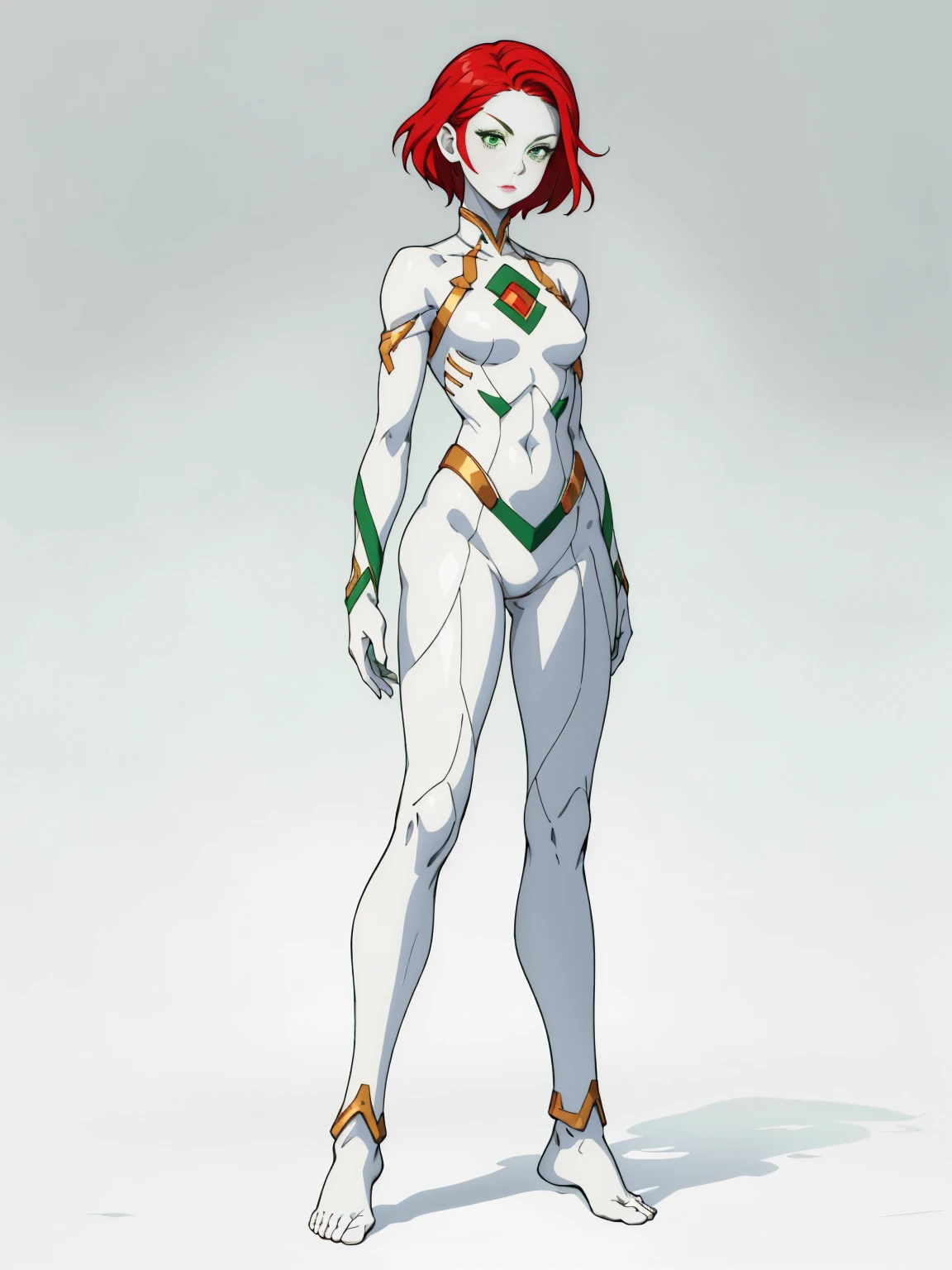 ((Full body photo,standing, feet on the ground)), cute girl,Short red hair, green eyes, white skin, black clothes, 🇮🇶, White skin, Very white skin