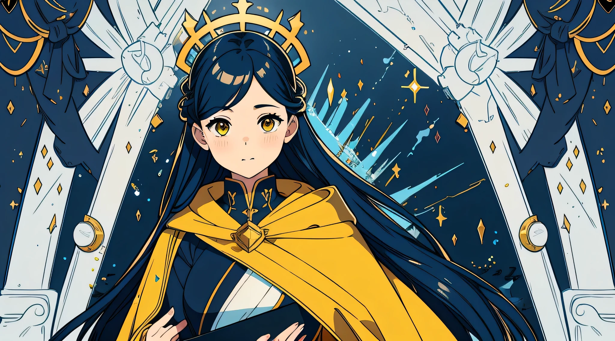 1 mature girl with long blue and yellow eyes with a big bible in her hand looking at camera, alone, High detail mature face, tie hair on the left side, golden eyes, full yellow cloak, black priest cloth, floating halo ring with radiance, high res, ultra sharp, 8k, masterpiece, smiling, fantasy world, magical radiance background ((Best quality)), ((masterpiece)), 3D, HDR (High Dynamic Range),Ray Tracing, NVIDIA RTX, Super-Resolution, Unreal 5,Subsurface scattering, PBR Texturing, Post-processing, Anisotropic Filtering, Depth-of-field, Maximum clarity and sharpness, Multi-layered textures, Albedo and Specular maps, Surface shading, Accurate simulation of light-material interaction, Perfect proportions, Octane Render, Two-tone lighting, Wide aperture, Low ISO, White balance, Rule of thirds,8K RAW, Aura, masterpiece, best quality, Mysterious expression, magical effects like sparkles or energy, flowing robes or enchanting attire, mechanic creatures or mystical background, rim lighting, side lighting, cinematic light, ultra high res, 8k uhd, film grain, best shadow, delicate, RAW, light particles, detailed skin texture, detailed cloth texture, beautiful face, 
(masterpiece), best quality, expressive eyes, perfect face,