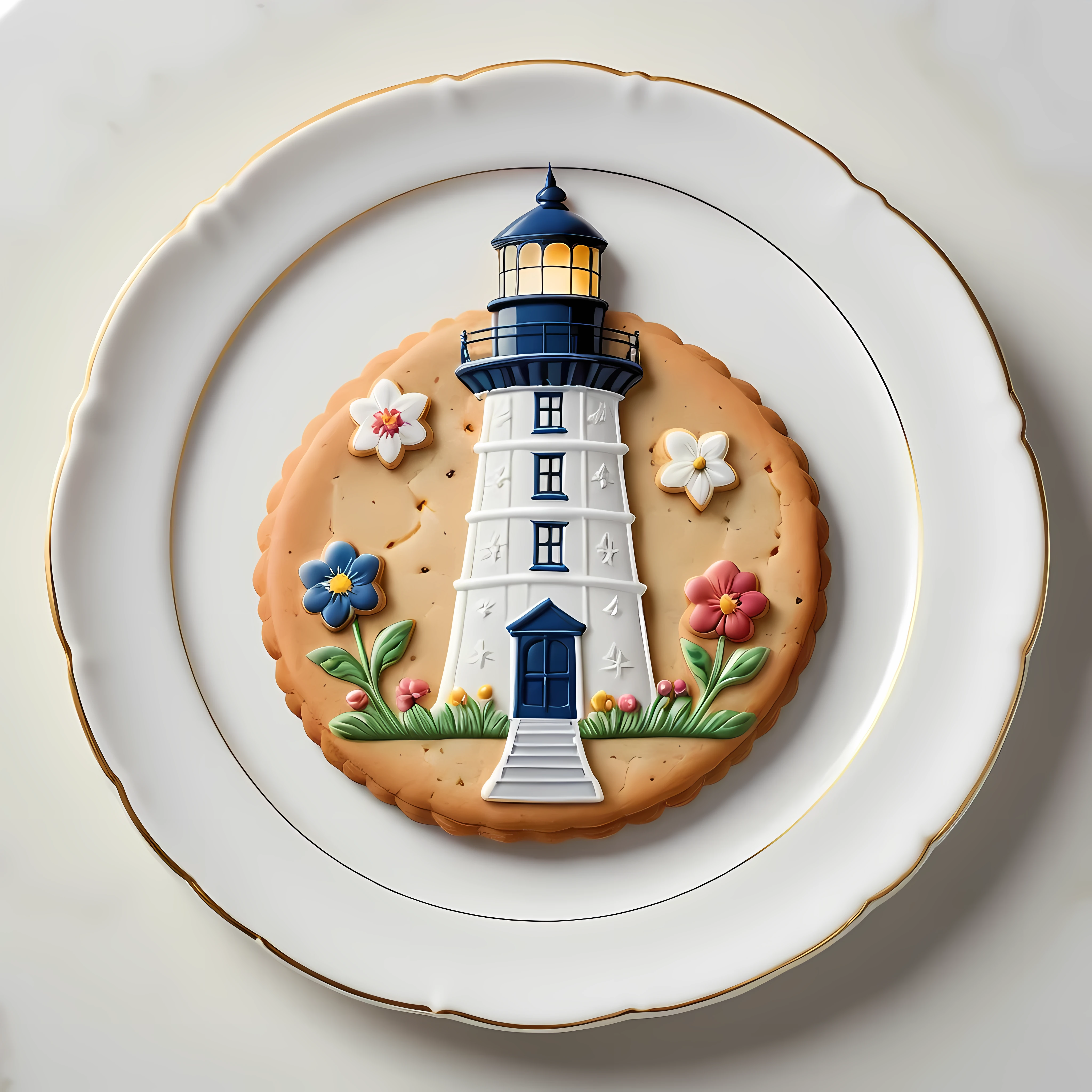 Masterpiece in maximum 16K resolution, superb quality, close up of an elegant plate with an image of an eerie marine scene with an otherworldly lighthouse, vintage look, the plate iade of finest crystals) and positioned on an empty black table with gothic patters, colorful. | ((More_Detail))
