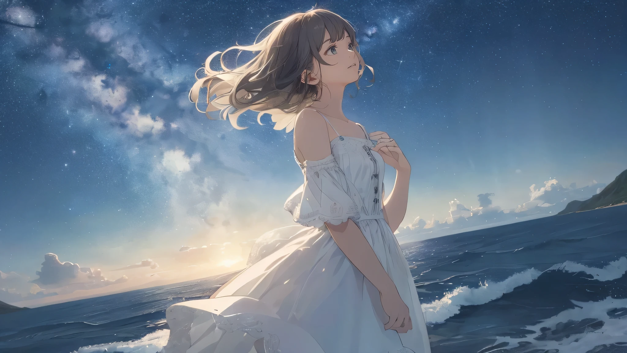 {{masterpiece, highest quality, Highly detailed CG, 8k wallpaper, 3D, Cinema Lighting}}、night、quiet seaside、Sandy Beach、One woman、White dress、Beautiful starry sky、Holding sandals in hands、海岸に対して平行にSandy Beachを歩いている、Turning around、Smile