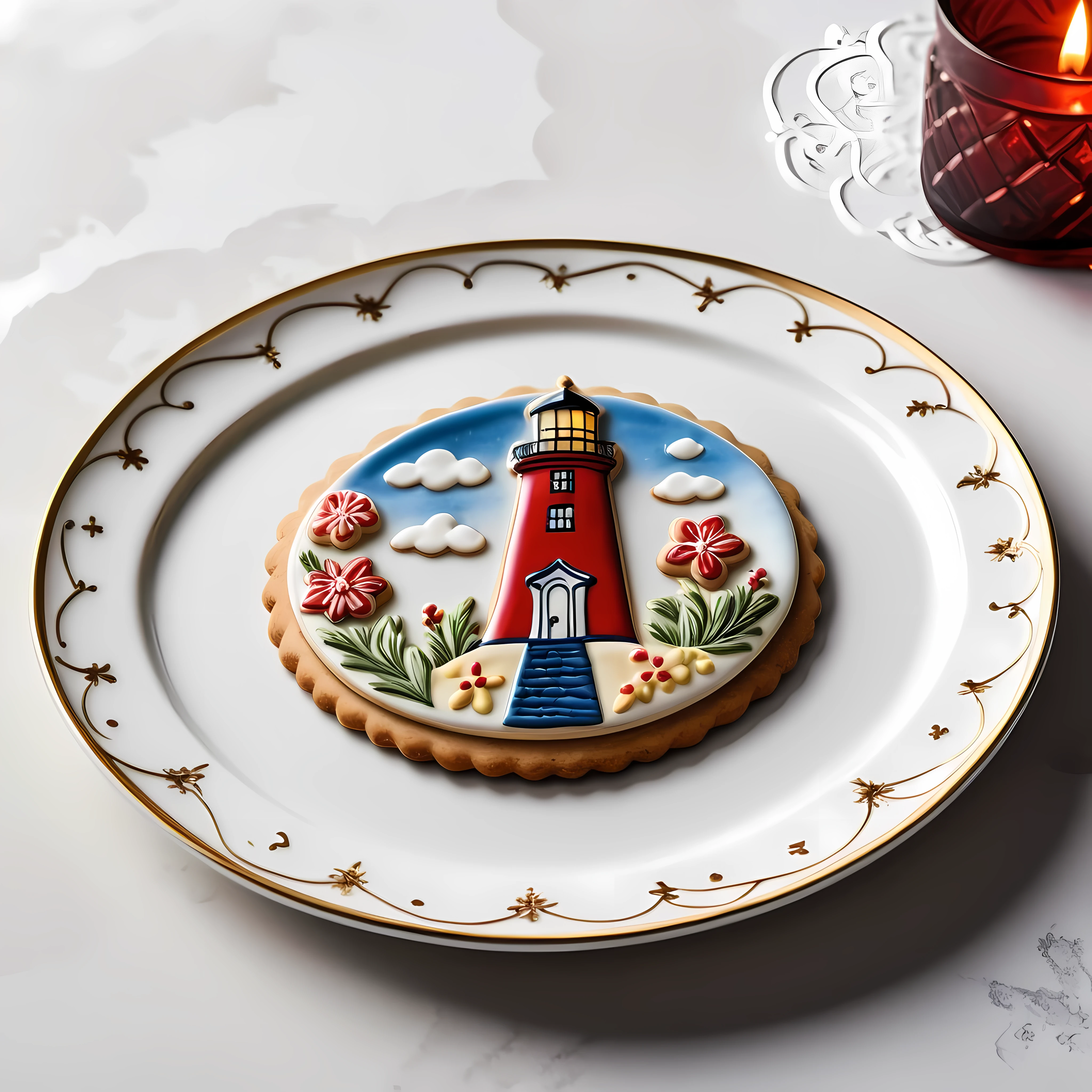 Masterpiece in maximum 16K resolution, superb quality, close up of an elegant plate with a (((cookie shaped as a lighthouse))), the cookie has playful design with floral accents, the plate is made of finest porcelain and positioned on an empty white table with gothic patterns, delicate. | ((More_Detail))