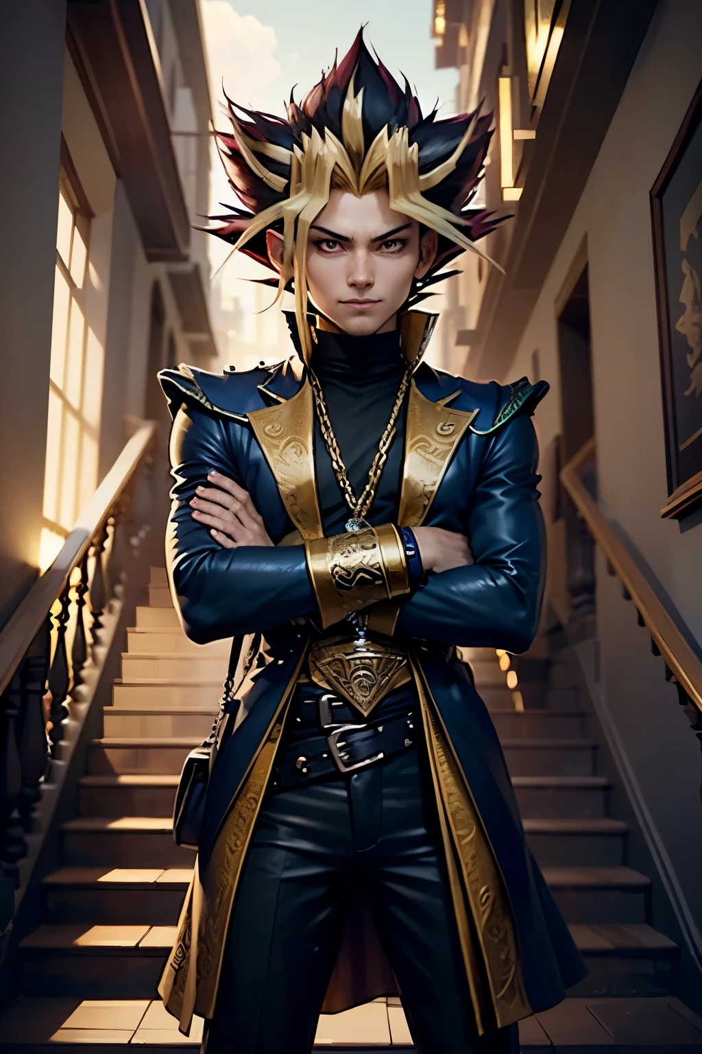 Best Quality, Close-up shot of a Yami Yugi from Yu-gi-oh, with his arms crossed and a confident smirk on his face. Yugi's hair is messy and unkempt, with a few strands falling over his forehead. His eyes are sharp and intense, and he wears a black and gold outfit.  The background shows a grand staircase, with marble steps and an ornate railing.  Pose - Yami Yugi is standing at the top of the staircase, his arms crossed and his smirk daring anyone to challenge him. Style Reference: Inspired by the Yu-gi-oh anime. Masterpiece, extremely detailed, by artgerm, by studio ghiblit, nature, kyoto, japan, fantasy, featured on artstation, 8k, art by artgerm