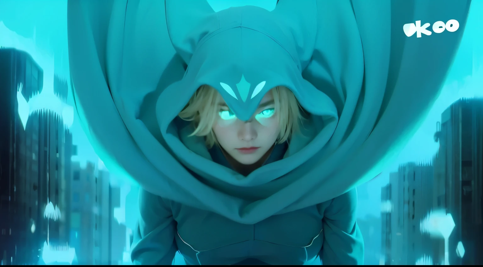 boy, blond, Brown eyes, Blank background, manly, dark blue leotard, blue hood