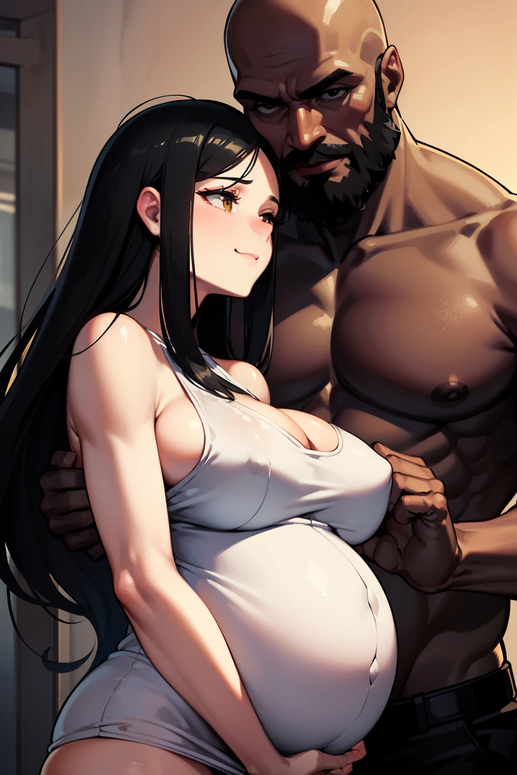 Stunning portrait of a pregnant white woman with black hair, lovingly embraced by a bald black man with a prominent black beard. His warm smile radiates as he cradles her gentle features, capturing the tender moment between them in exquisite detail. --s2

Detailed illustration of a heartwarming scene: a pregnant woman with glowing white skin and cascading black hair, cradled in the strong arms of a bald man, his beard dark and full. The deep connection between them is evident as he tenderly hugs her, a beautiful representation of love and compassion. --s2

Masterpiece piece of art featuring a touching moment between a pregnant white woman with black hair and