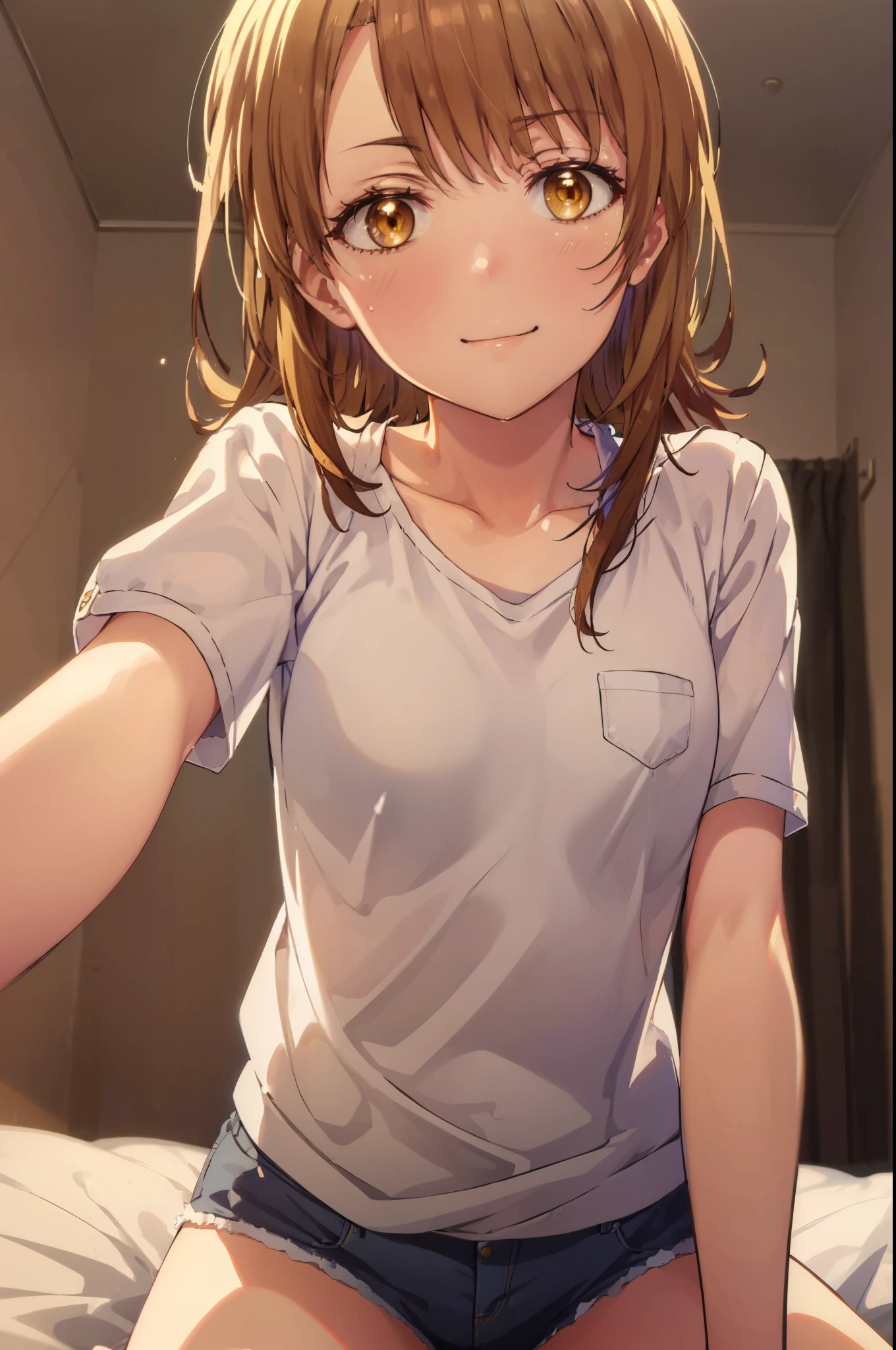 irohaisshiki, iroha isshiki, long hair, brown hair, (brown eyes:1.5), smile,looking at the viewer, heart-shaped eyes,  blush，show viewer, from below, concentrated, Beyond the particles of light, ラブホテルのBedroom, white t-shirt,black string underwear，Medium chest，crawl on all fours,morning日,morning,sunrise,
break indoors, Bedroom,
break looking at viewer,
break (masterpiece:1.2), highest quality, High resolution, unity 8k wallpaper, (figure:0.8), (detailed and beautiful eyes:1.6), highly detailed face, perfect lighting, Very detailed CG, (perfect hands, perfect anatomy),