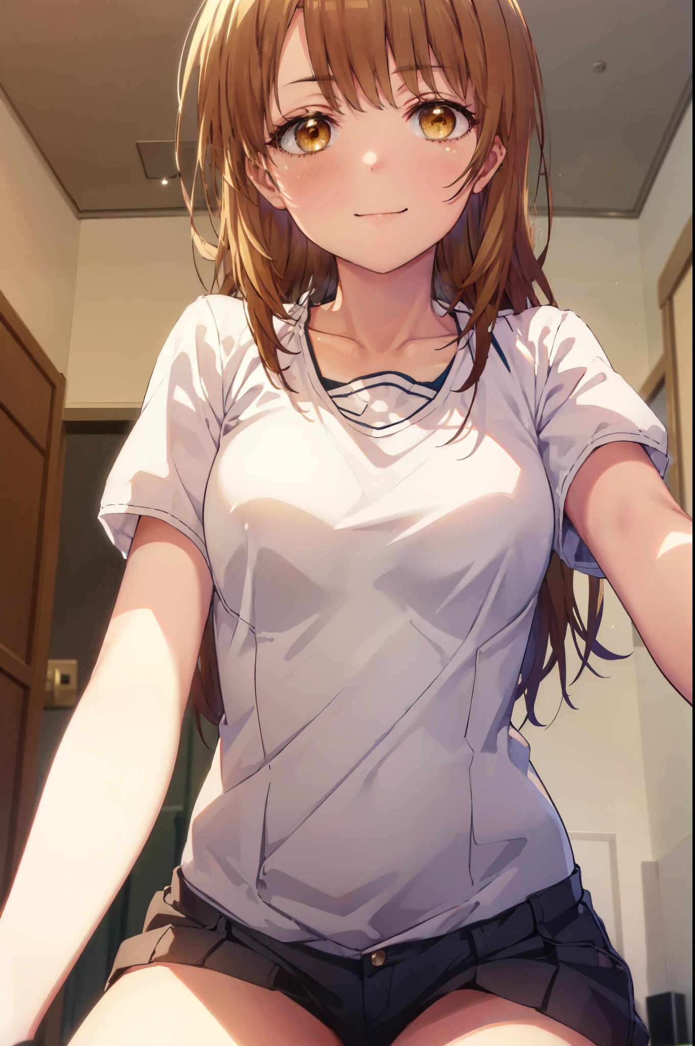 irohaisshiki, iroha isshiki, long hair, brown hair, (brown eyes:1.5), smile,looking at the viewer, heart-shaped eyes, blush,show viewer, from below, concentrated, Beyond the particles of light, ラブホテルのBedroom, white t-shirt,black string underwear,Medium chest,crawl on all fours,morning日,morning,sunrise,
break indoors, Bedroom,
break looking at viewer,
break (masterpiece:1.2), highest quality, High resolution, unity 8k wallpaper, (figure:0.8), (detailed and beautiful eyes:1.6), highly detailed face, perfect lighting, Very detailed CG, (perfect hands, perfect anatomy),