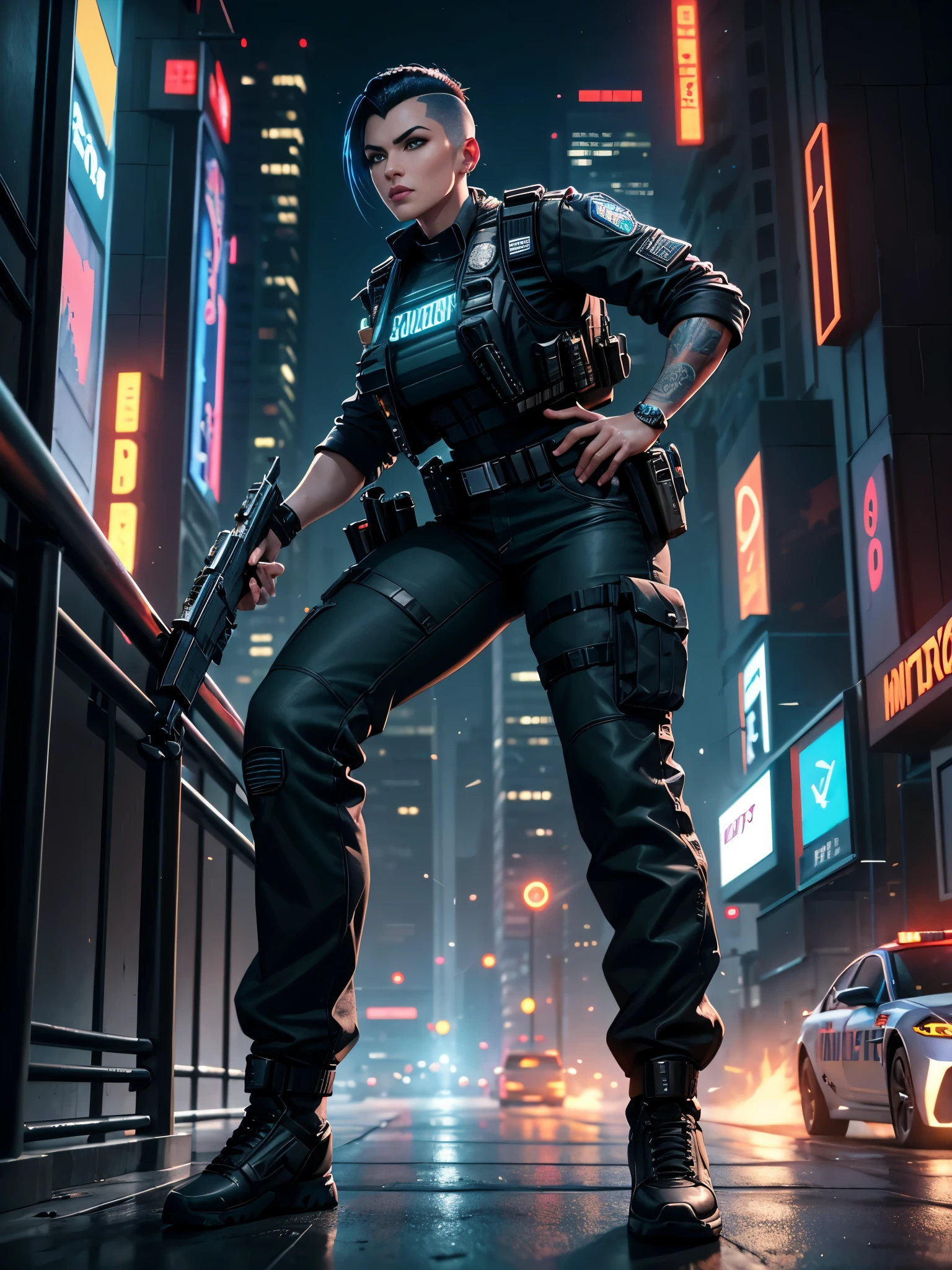 Megan Fox wearing police uniform, mohawk hair style,(((action pose))),((cyberpunk police uniform)), ((Cyberpunk City background)),((excellent draw eyes)), (police long shirt),((night city)), ((long pants)).official art, beautiful and aesthetic:1.2), police car behind, (gorgeous face),detailed background, close up,((glowing bulletproof vest)),neon on bulletproof vest, (looking to the horizon),HDR (High Dynamic Range),Ray Tracing,NVIDIA RTX,Super-Resolution,Unreal 5,Subsurface scattering,PBR Texturing,Post-processing,Anisotropic Filtering,Depth-of-field,Maximum clarity and sharpness,Multi-layered textures,Albedo and Specular maps,Surface shading,Accurate simulation of light-material interaction,Perfect proportions,Octane Render,Two-tone lighting,Wide aperture,Low ISO,White balance,Rule of thirds,8K RAW,