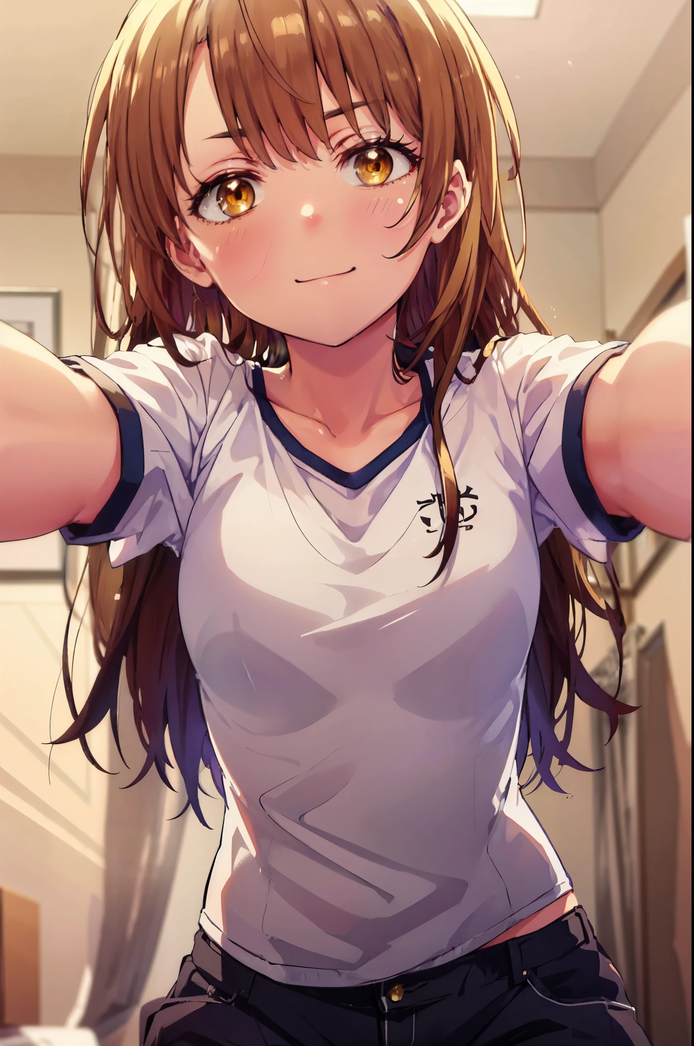 irohaisshiki, iroha isshiki, long hair, brown hair, (brown eyes:1.5), smile,looking at the viewer, heart-shaped eyes,  blush，show viewer, from below, concentrated, Beyond the particles of light, ラブホテルのBedroom, white t-shirt,black string underwear，Medium chest，crawl on all fours,morning日,morning,sunrise,
break indoors, Bedroom,
break looking at viewer,
break (masterpiece:1.2), highest quality, High resolution, unity 8k wallpaper, (figure:0.8), (detailed and beautiful eyes:1.6), highly detailed face, perfect lighting, Very detailed CG, (perfect hands, perfect anatomy),