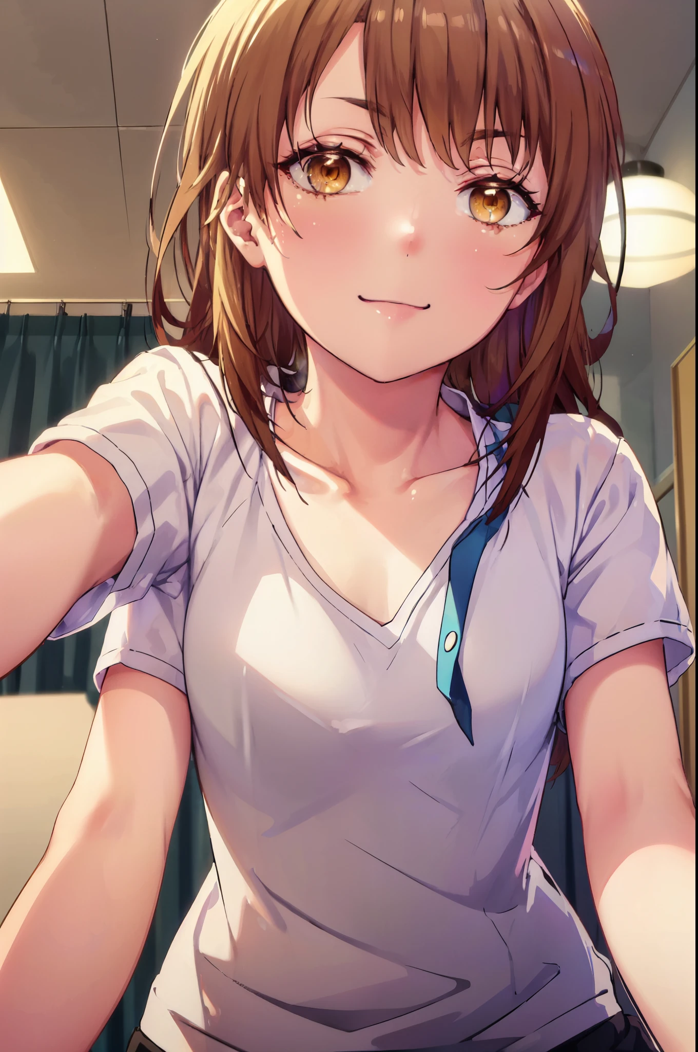 irohaisshiki, iroha isshiki, long hair, brown hair, (brown eyes:1.5), smile,looking at the viewer, heart-shaped eyes,  blush，show viewer, from below, concentrated, Beyond the particles of light, ラブホテルのBedroom, white t-shirt,black string underwear，Medium chest，crawl on all fours,morning日,morning,sunrise,
break indoors, Bedroom,
break looking at viewer,
break (masterpiece:1.2), highest quality, High resolution, unity 8k wallpaper, (figure:0.8), (detailed and beautiful eyes:1.6), highly detailed face, perfect lighting, Very detailed CG, (perfect hands, perfect anatomy),