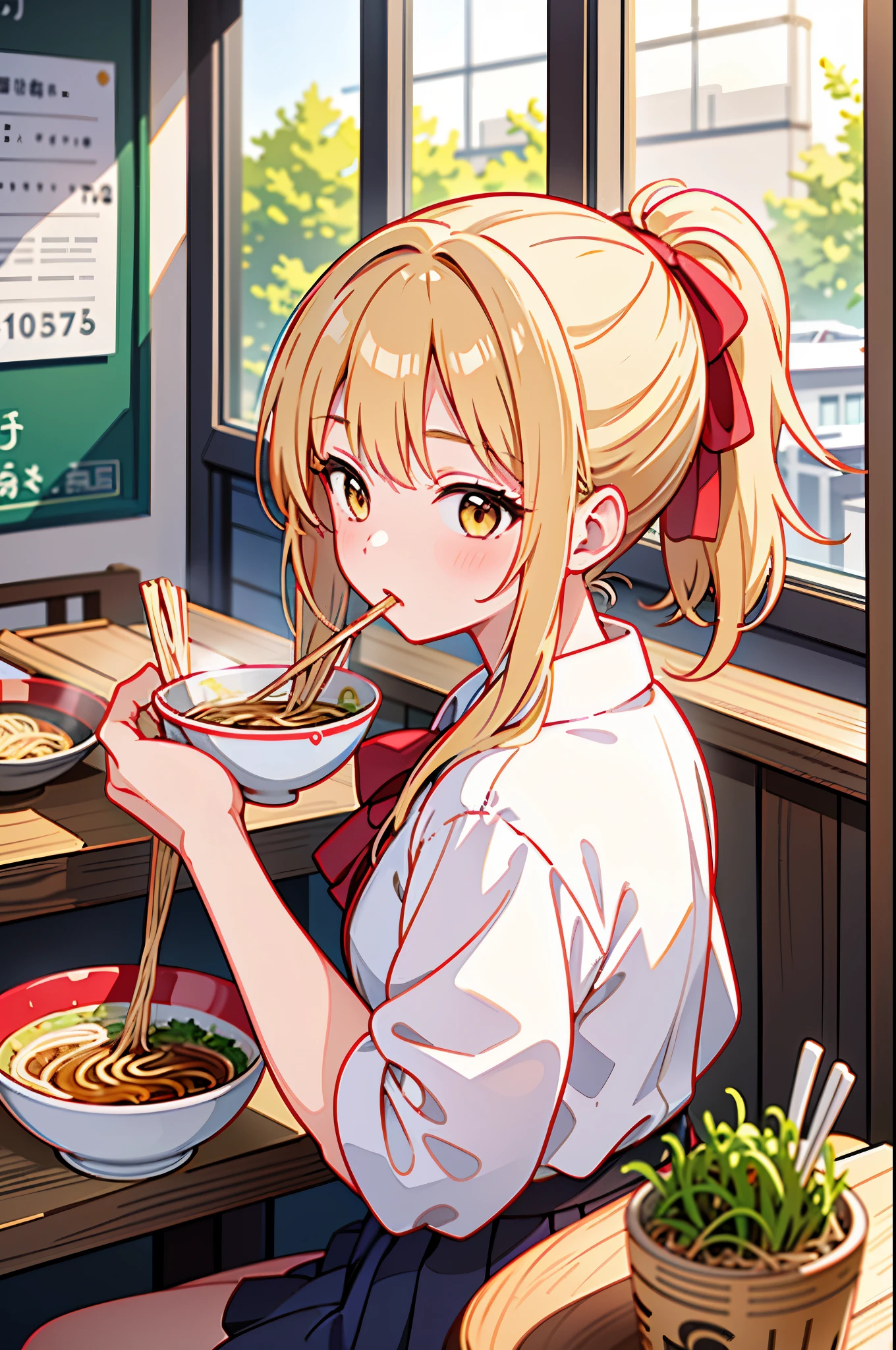 ((masterpiece, highest quality))high school girl,uniform,ponytail,Ramen shop,counter,1 person,Eat ramen,Lift the noodles with chopsticks,
