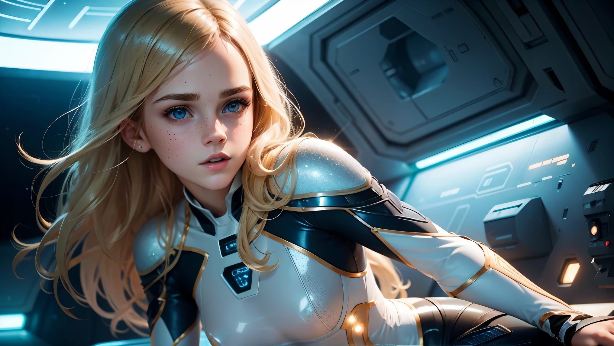 teen emma watson wearing an intricate tight translucent bodysuit. blonde. freckles. sparkly blue eyes that speak of innocence and acceptance. on the spaceship port. intricate detail. cinematic lighting.