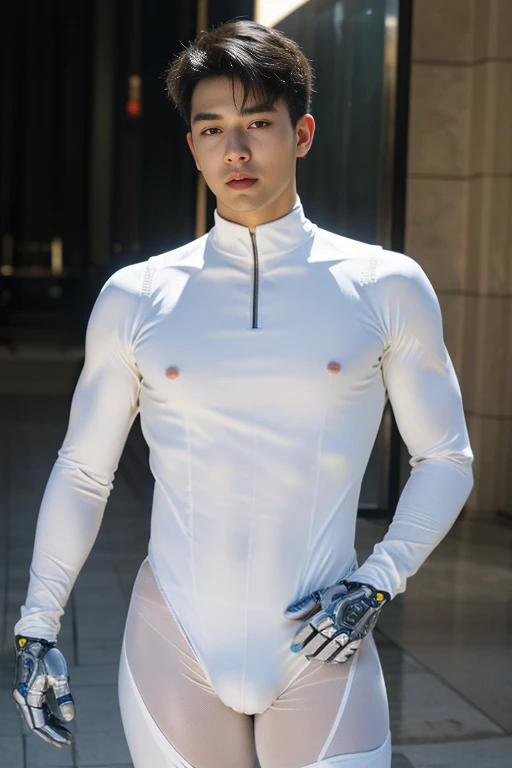 (masutepiece,High resolution,ultra - detailed:1.0),1(Boy,Robot Boy),Perfect male body,Look at the camera,Delicate eyes and delicate face,extremely details CG,Unity 8k壁纸,intricate-detail,solo person,Detailed face, (Futuristic skin-perfect white bodysuit), Best Quality, hands visible, (White Gloves), Beautiful and delicate blue short hair:1.5 , full length shot(fls) , big thighs , fat hips , insane details, hyper details , photorealistic , only male , handsome boy , fat buttock , puffy nipples , bodybuilder