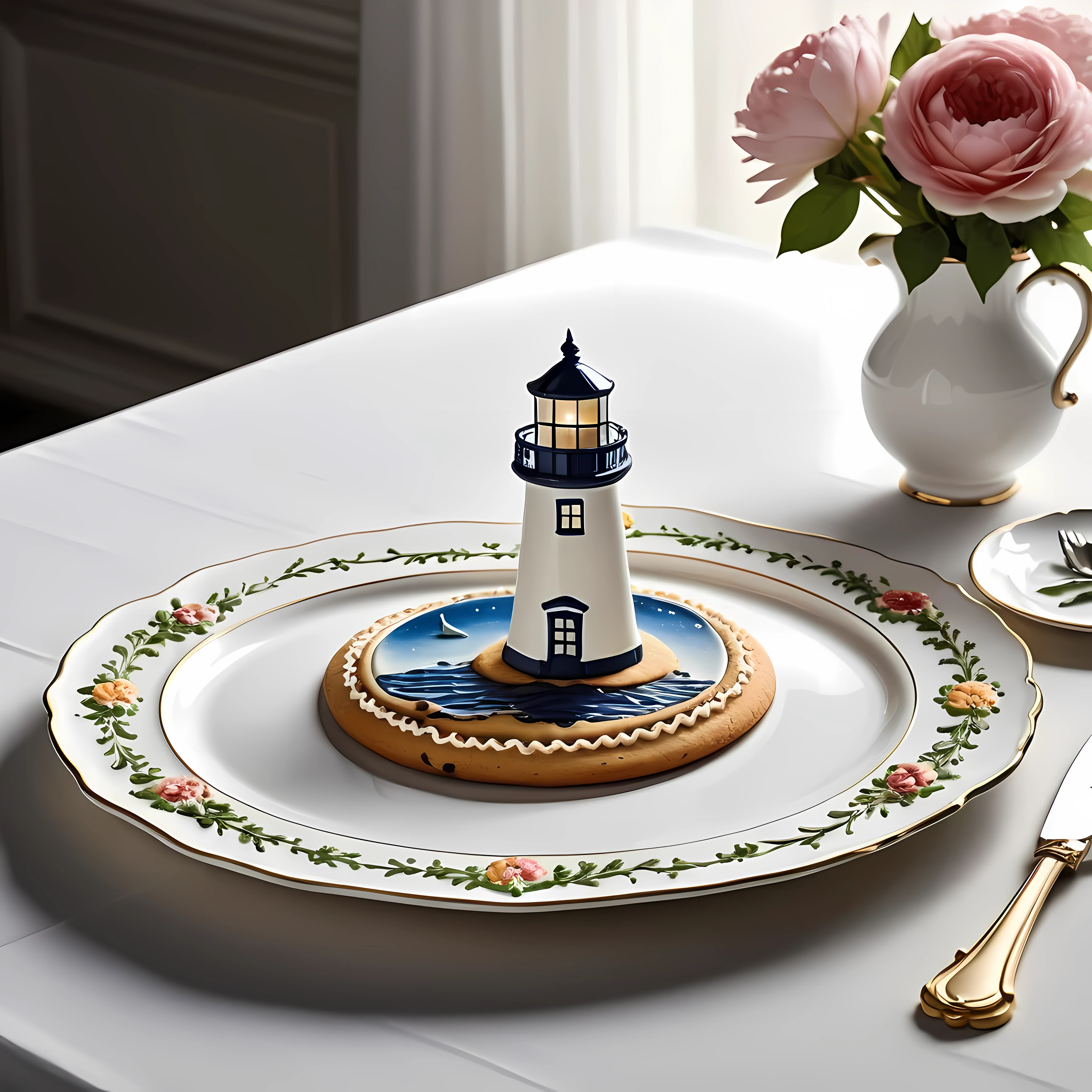 Masterpiece in maximum 16K resolution, superb quality, close up of an elegant plate with a (lighthouse cookie:1.3), the cookie has playful design with floral accents, the plate is made of finest porcelain and positioned on an empty white table with gothic patternore_Detail))