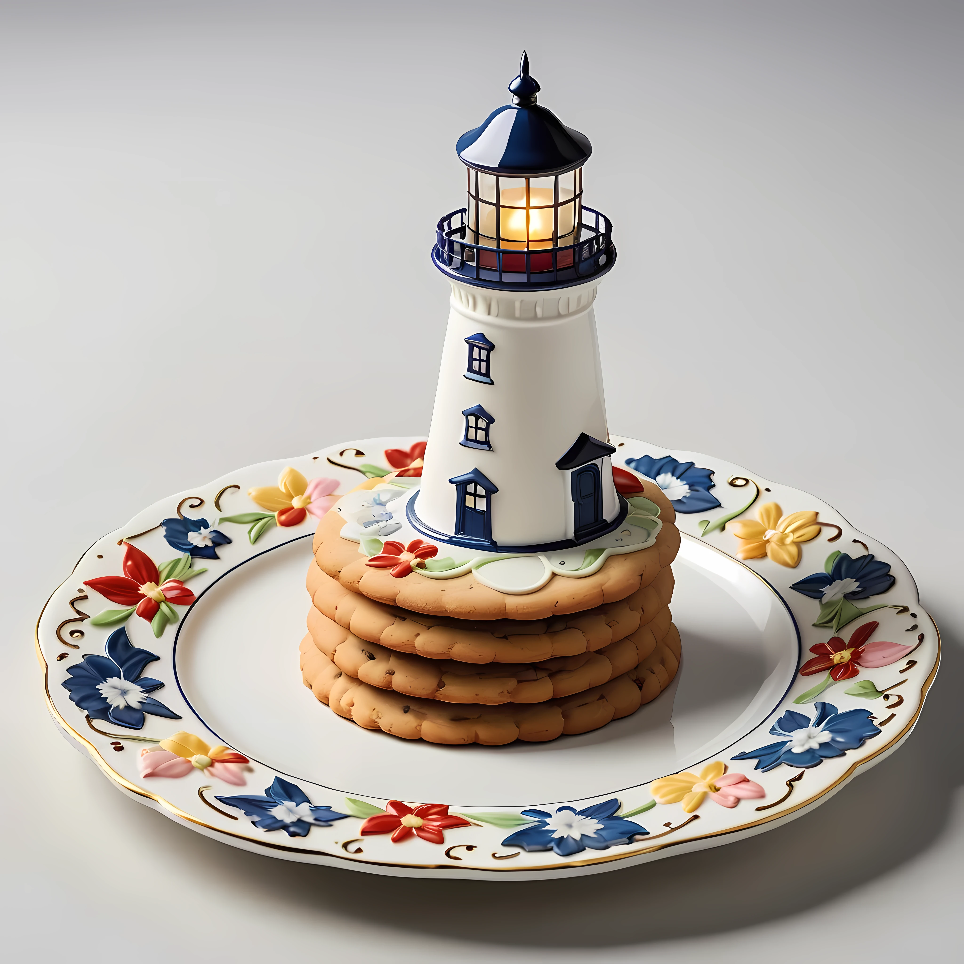 Masterpiece in maximum 16K resolution, superb quality, close up of an elegant plate with a (((cookie shaped as a lighthouse))), the cookie has playful design with floral accents, the plate is made of finest porcelain and positioned on an empty white table with gothic patterns, delicate. | ((More_Detail))