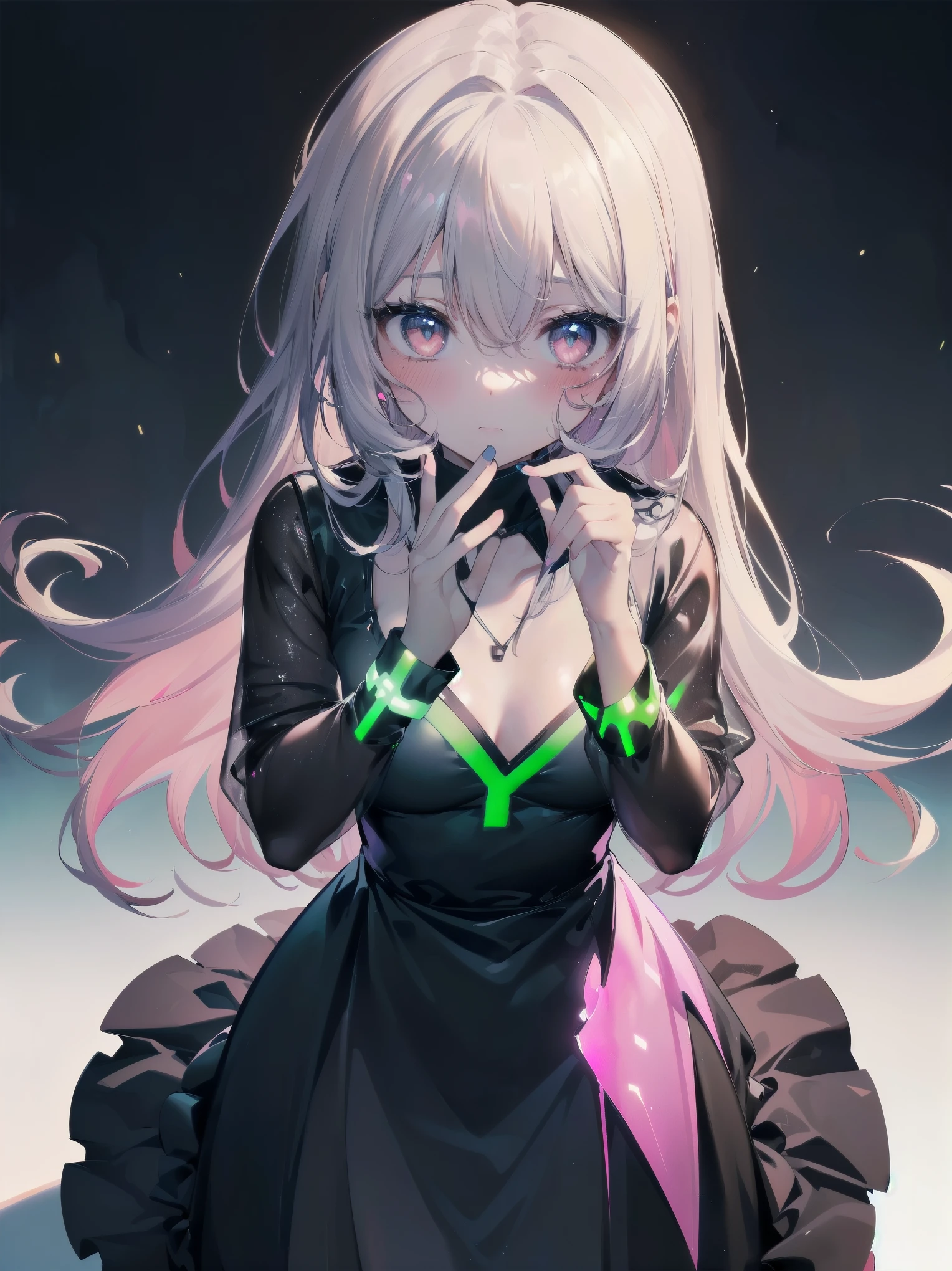 Masterpiece, high quality, high quality illustration, vast expanse of medieval cityscape, one girl, solo, (((( dress, V-neck, fluorescent luminescent lamé and see-through material produced, )))) long sleeves, long dress, delicate and super detailed embroidery, ((cute, super cute, incredibly ridiculous cuteness)) looking at you, ((blush)), raw girl ((from above)), shy pose,