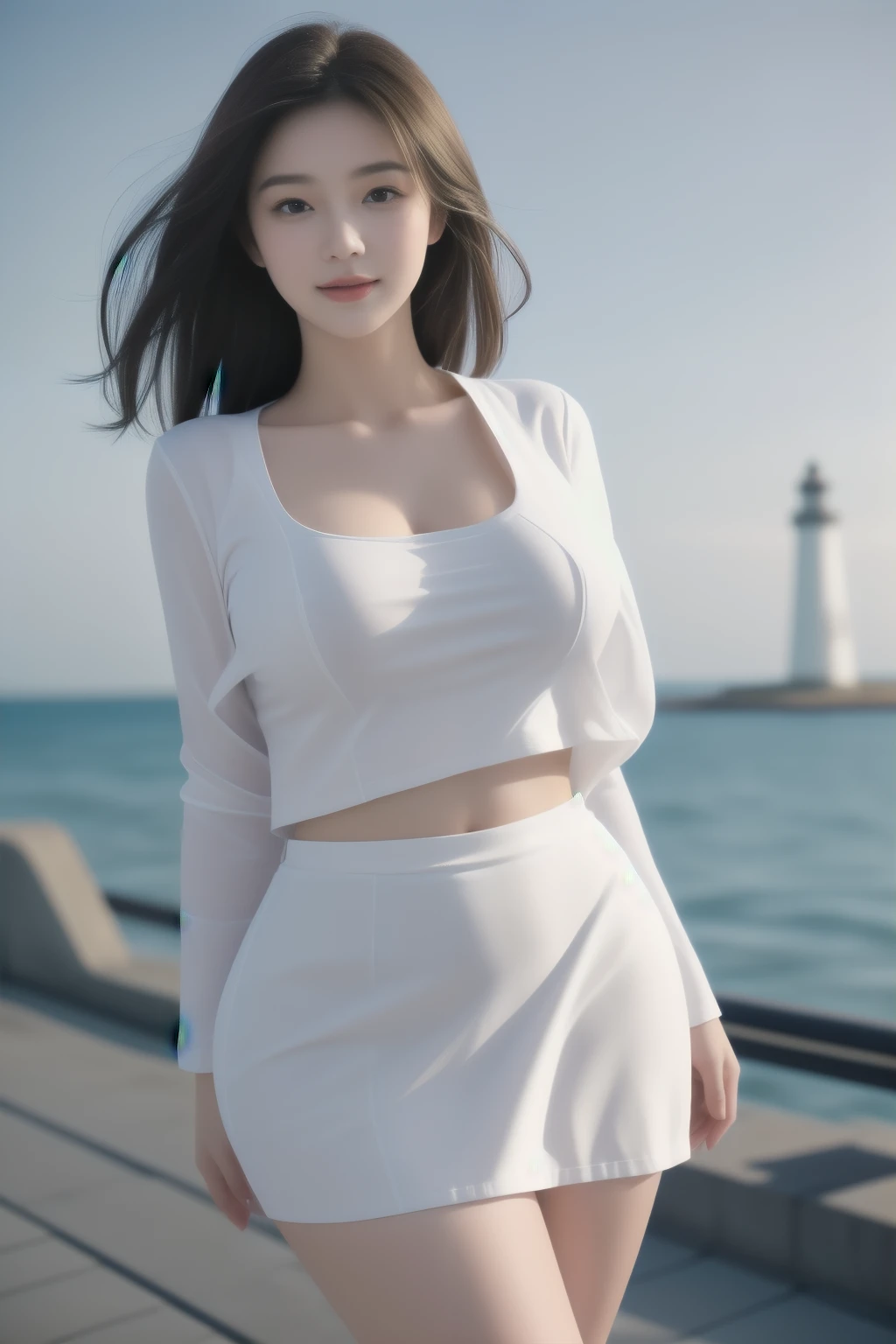 (A captivating beauty in a miniskirt)、(poses seductively)、(with a lighthouse as the backdrop)、(Big-breasted woman wearing a crop shirt) This enchanting image features a woman in a miniskirt who exudes confidence as she poses seductively against the backdrop of a towering lighthouse. The big-breasted beauty dons a crop shirt that leaves little to the imagination, accentuating her curvaceous figure. The lighthouse stands proudly in the background, casting an ethereal glow over the scene, while the woman's radiant smile captivates the viewer's attentio