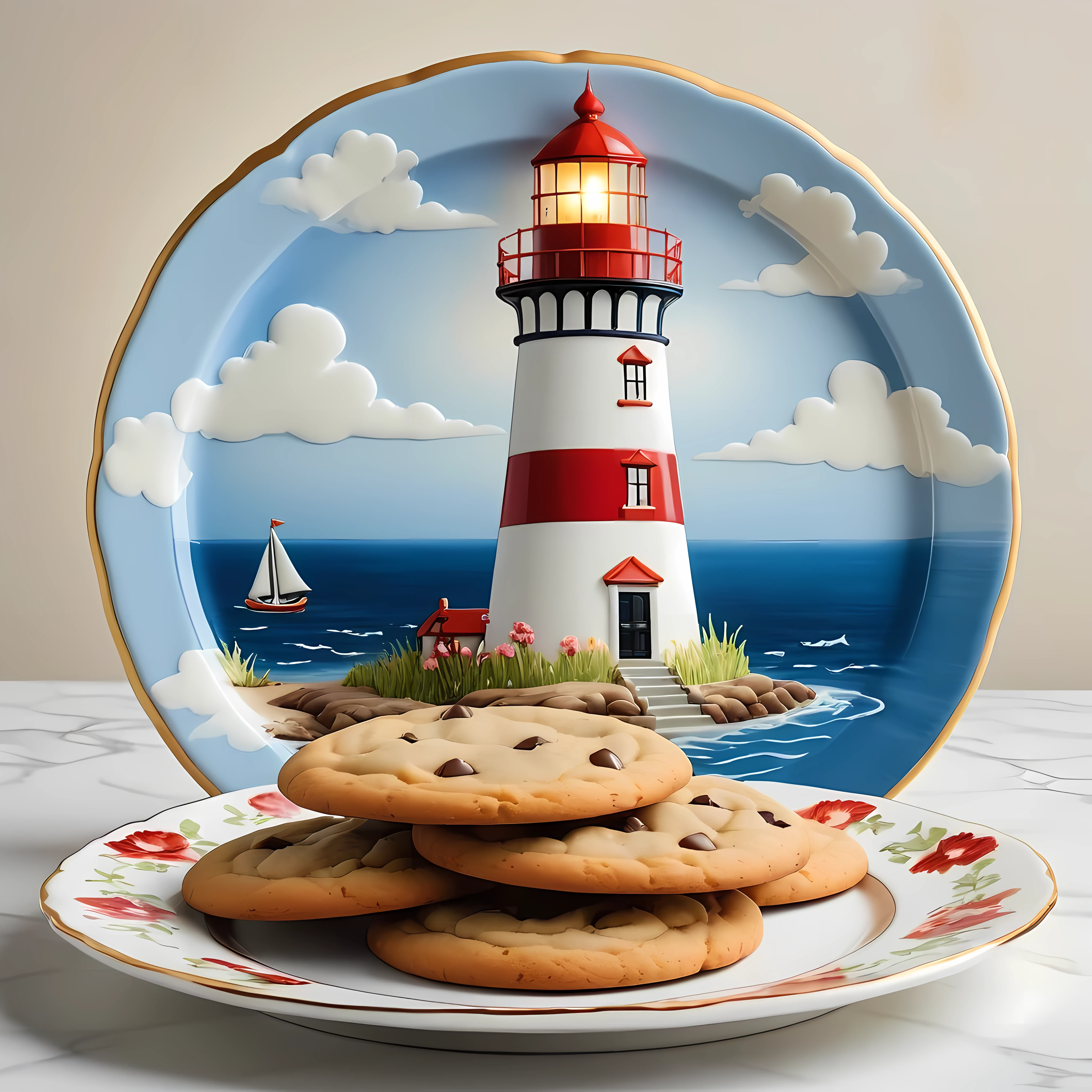 Masterpiece in maximum 16K resolution, superb quality, close up of an elegant plate with a (lighthouse cookie:1.3), the cookie has playful design with floral accents, the plate is made of finest porcelain and positioned on an empty white table with gothic patternore_Detail))