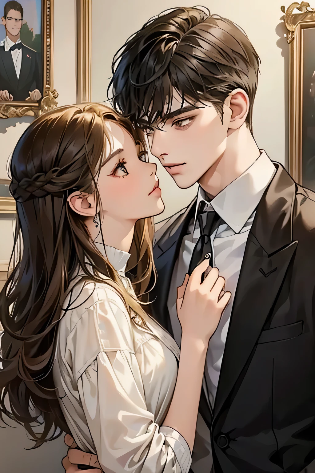 Masterpiece, best quality, 1 boy and 1 girl, short blonde hair, Long, wavy, black hair, (partner in crime), The boy is taller., 18 years old, The girl is brown., Handsome playboy and beautiful artist. Close-up of a beautiful Asian woman and a handsome American man looking at each other with challenge.. Behind is a painting gallery..