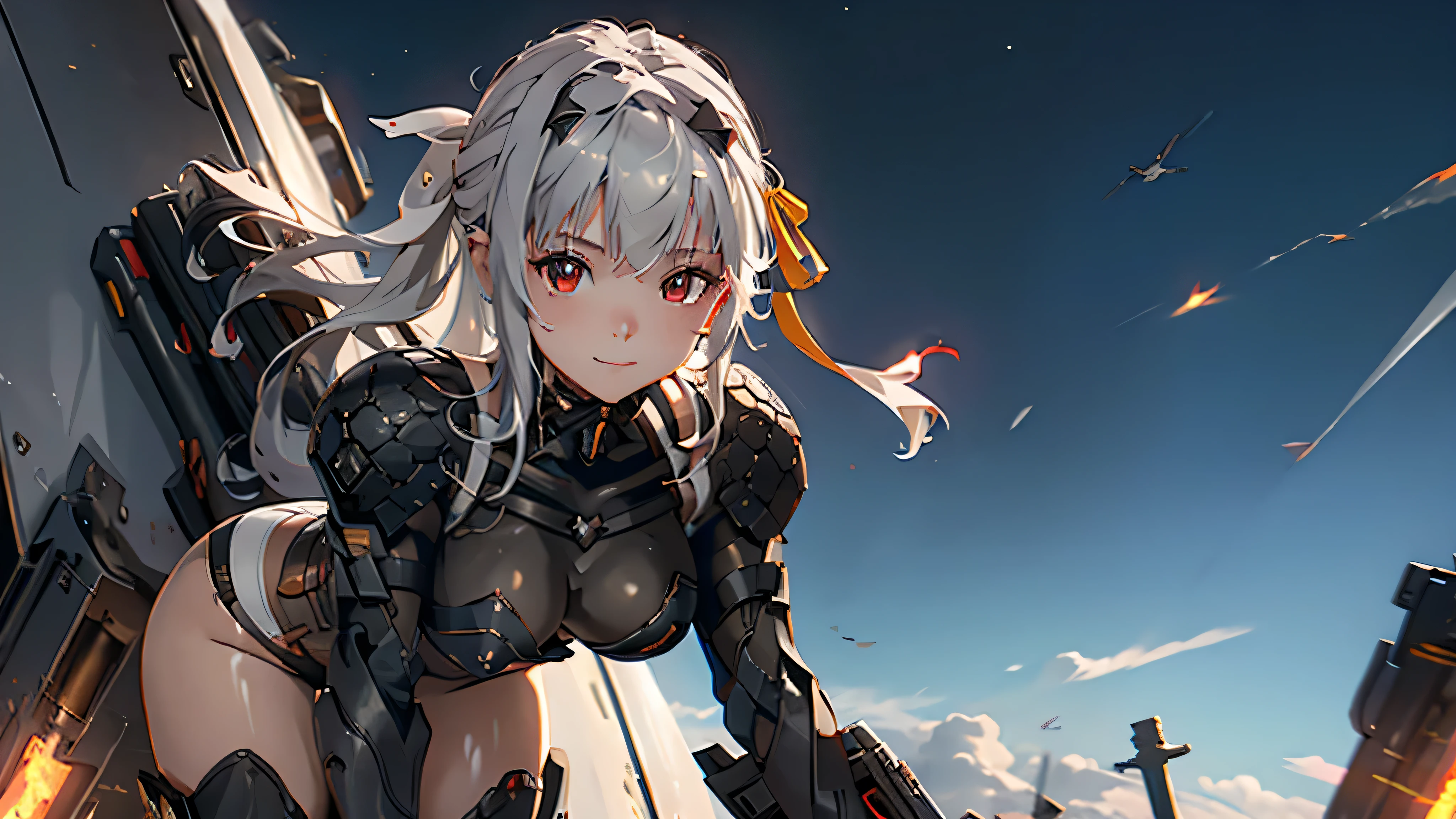 1 girl, tie up hair, left side swept hair, long gray hair, red eyes, innocent smile, black mech armor, cool and sexy face, black thigh knee sock, 8, Sharp face, Yellow ribbon at the ear, battlefield, outside, head bondage, black steel boot, standing, , modernia, massive cannon, one person, alone, 1 head, 2 hands, 2 legs