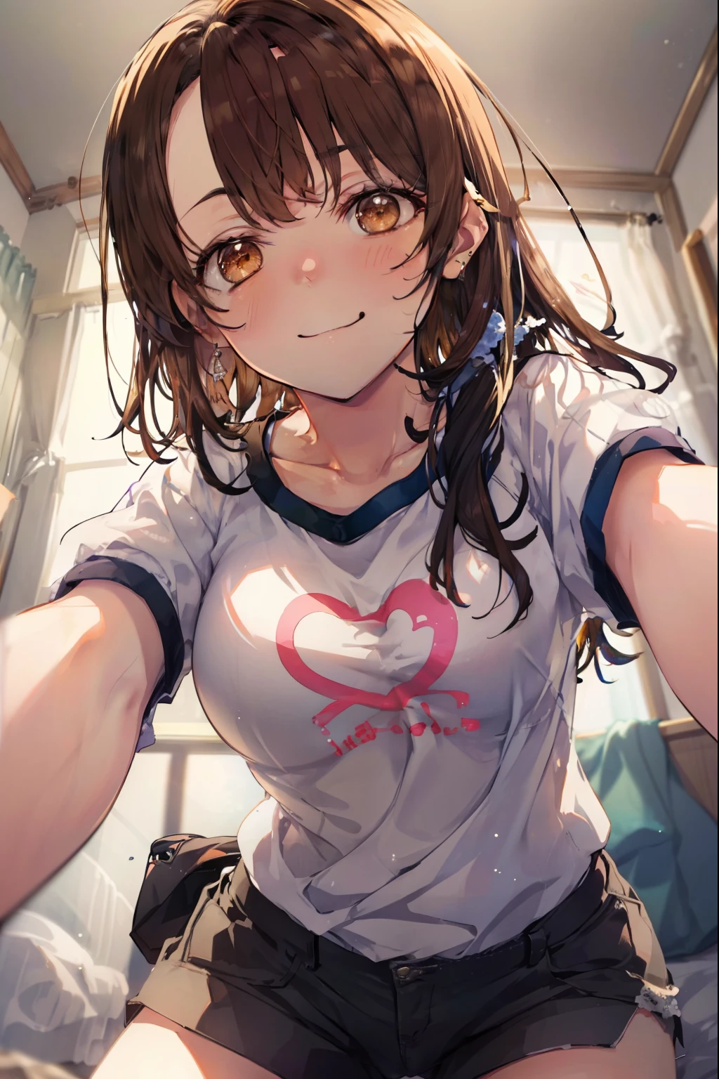 irohaisshiki, iroha isshiki, long hair, brown hair, (brown eyes:1.5), smile,looking at the viewer, heart-shaped eyes,  blush，show viewer, from below, concentrated, Beyond the particles of light, ラブホテルのBedroom, white t-shirt,black string underwear，Medium chest，crawl on all fours,morning日,morning,sunrise,
break indoors, Bedroom,
break looking at viewer,
break (masterpiece:1.2), highest quality, High resolution, unity 8k wallpaper, (figure:0.8), (detailed and beautiful eyes:1.6), highly detailed face, perfect lighting, Very detailed CG, (perfect hands, perfect anatomy),