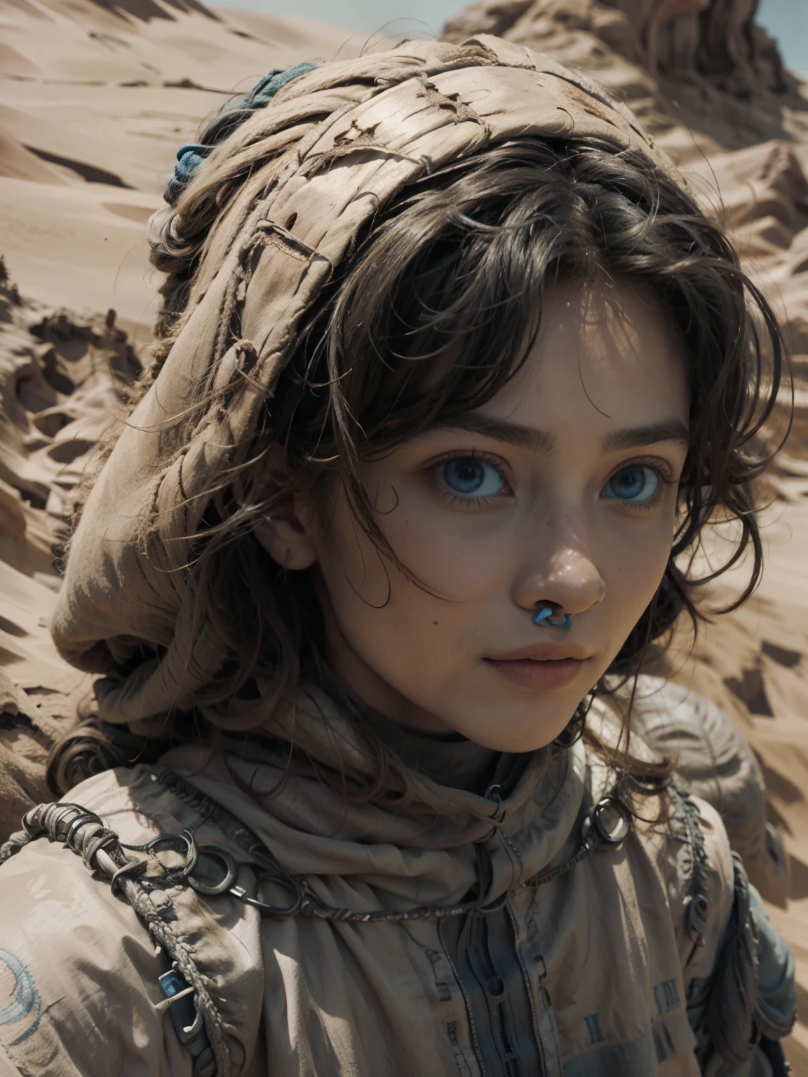 magnifique jeune femme, 25 ans, en costume de Fremen, univers de Dune de Frank Herbert, in the desert, lots of dust in the air, fond des yeux bleus, yeux bleus, (completely blue eyes), corps en entier, full body