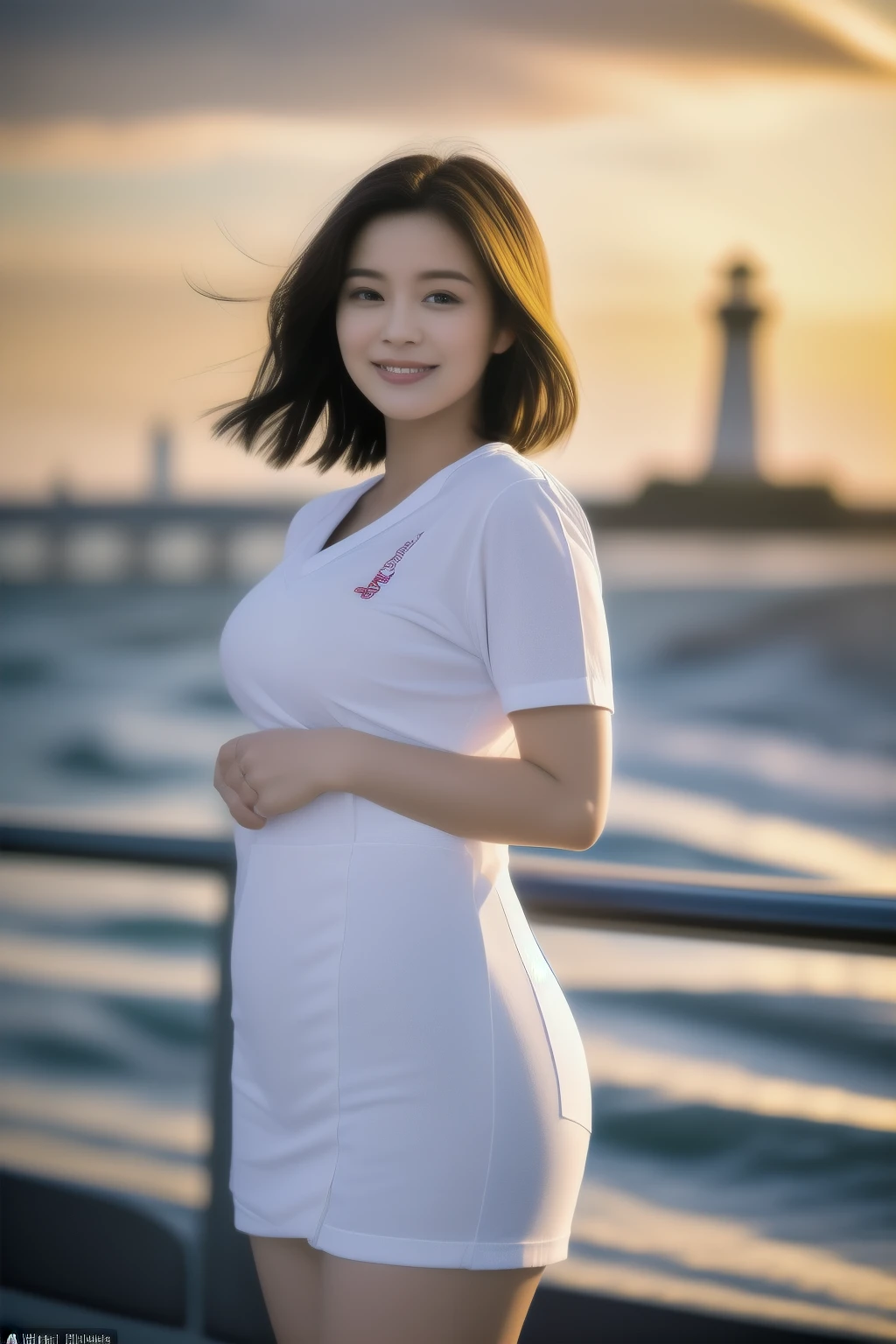 (A captivating beauty in a miniskirt)、(poses seductively)、(with a lighthouse as the backdrop)、(Big-breasted woman wearing a crop shirt) This enchanting image features a woman in a miniskirt who exudes confidence as she poses seductively against the backdrop of a towering lighthouse. The big-breasted beauty dons a crop shirt that leaves little to the imagination, accentuating her curvaceous figure. The lighthouse stands proudly in the background, casting an ethereal glow over the scene, while the woman's radiant smile captivates the viewer's attentio