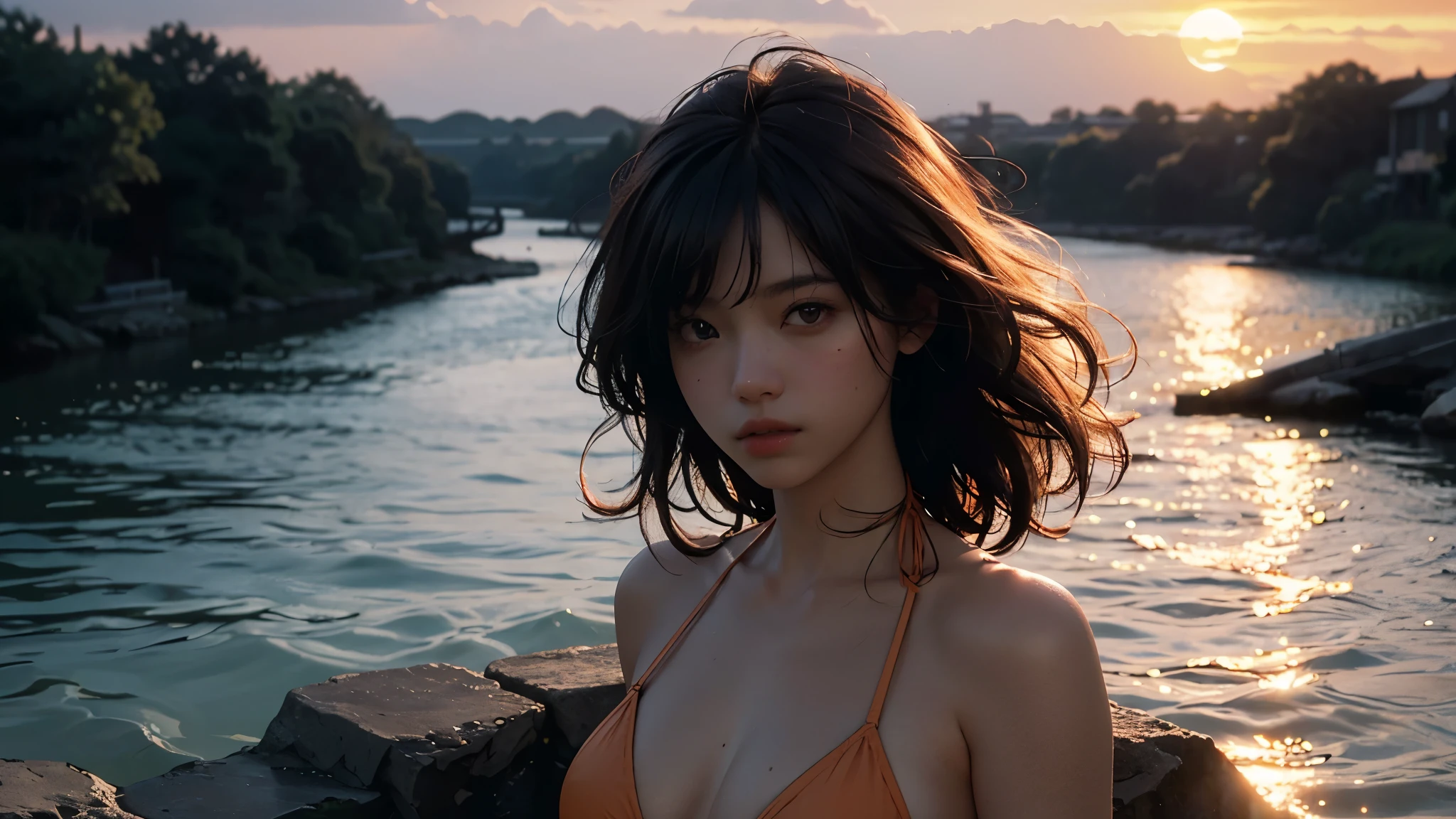 Best quality, masterpiece, ultra high res, (photorealistic:1.4), raw photo, 1girl, bikini, cinematic lighting, half body view, half body shot, ((realistic river)), ((sunset)), orange sunlight on hair,